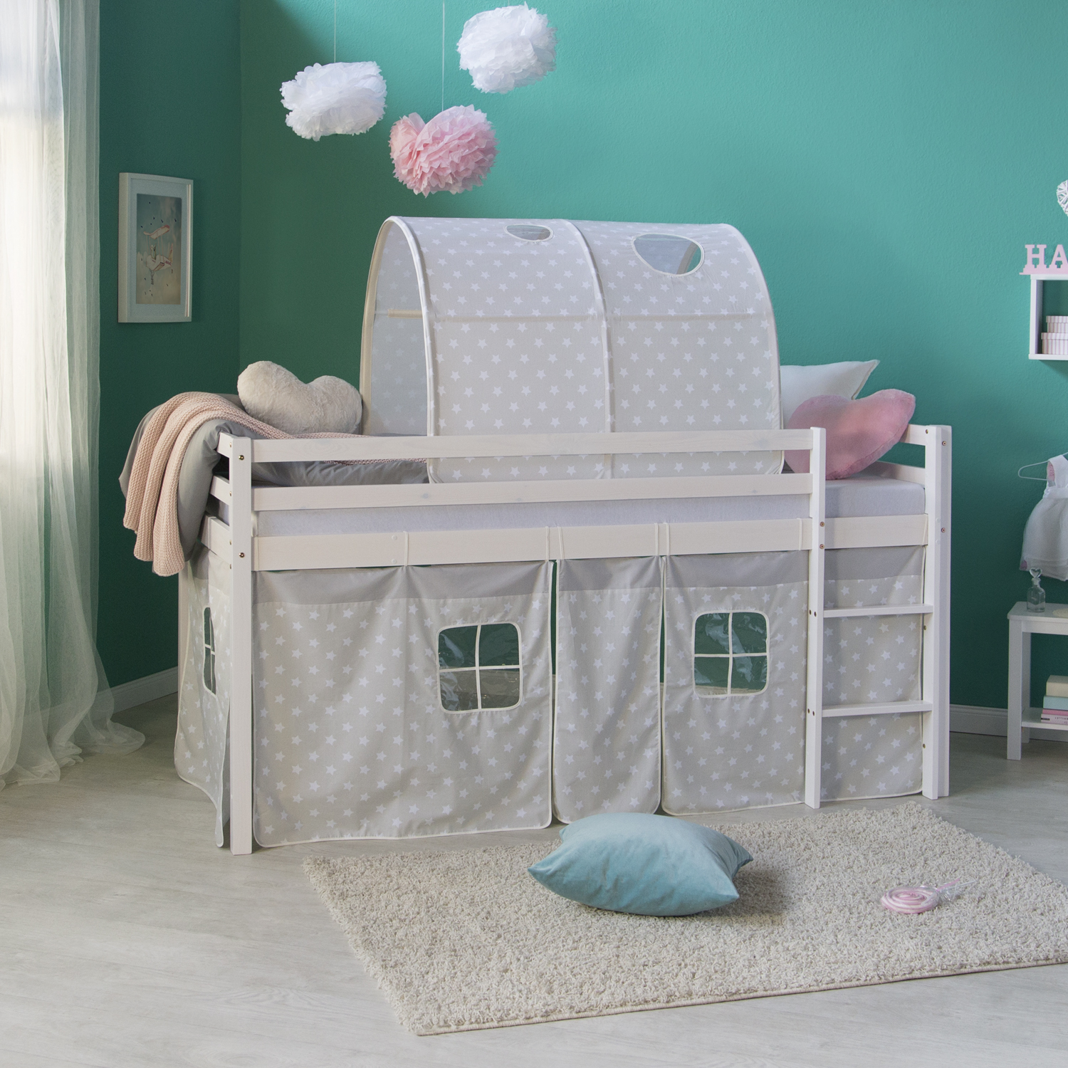 Loftbed 90x200 cm Bunk bed Childrens bed Solid Pine Wood Tower Tunnel Curtain Grey Stars Slide Mattress Slats
