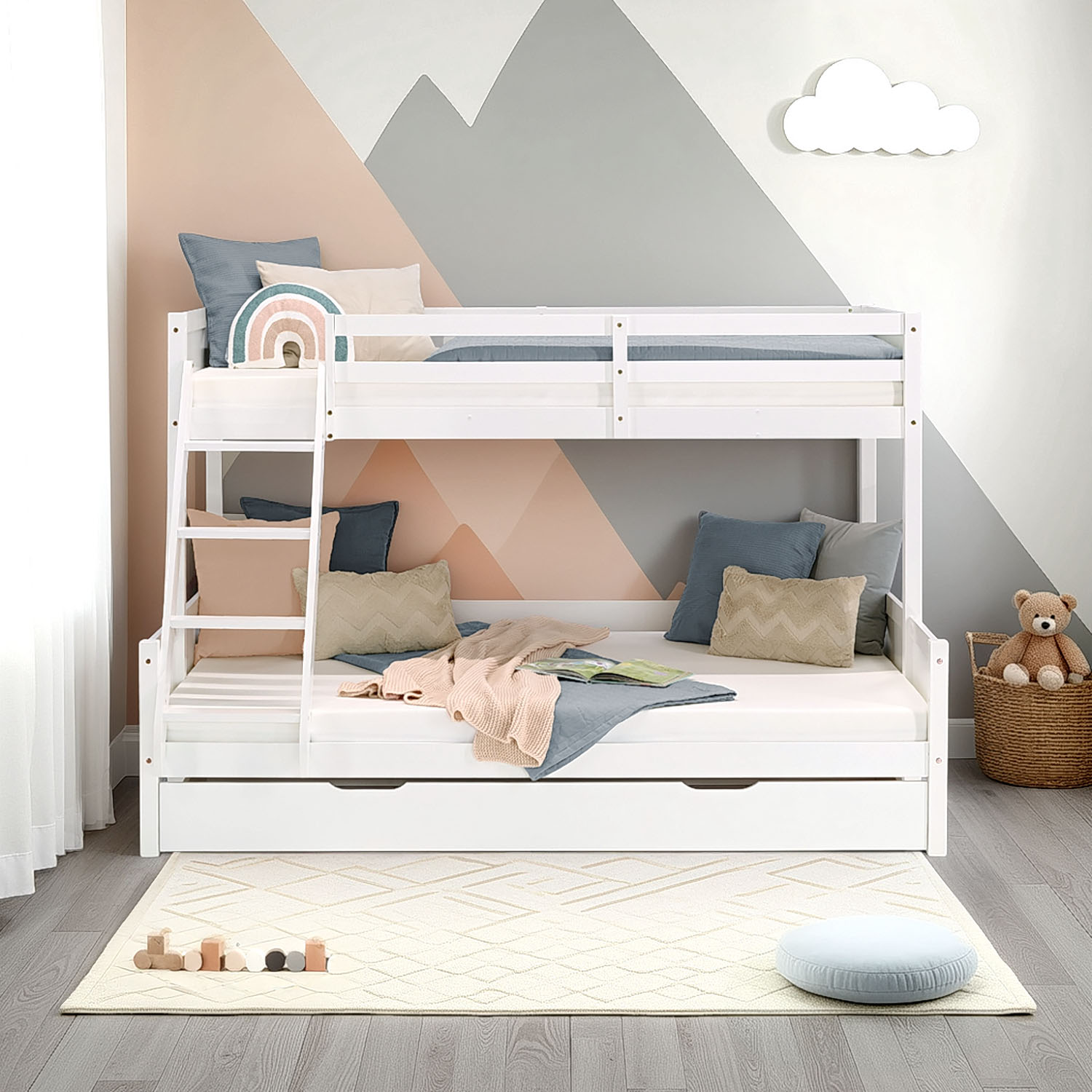 Bunk Bed with 2 Mattresses Kids Bed 90x200 and 140x200 cm White Wood Cabin Bed High Sleeper Bed Loft Bed Childrens Bed Twin Bed Drawer