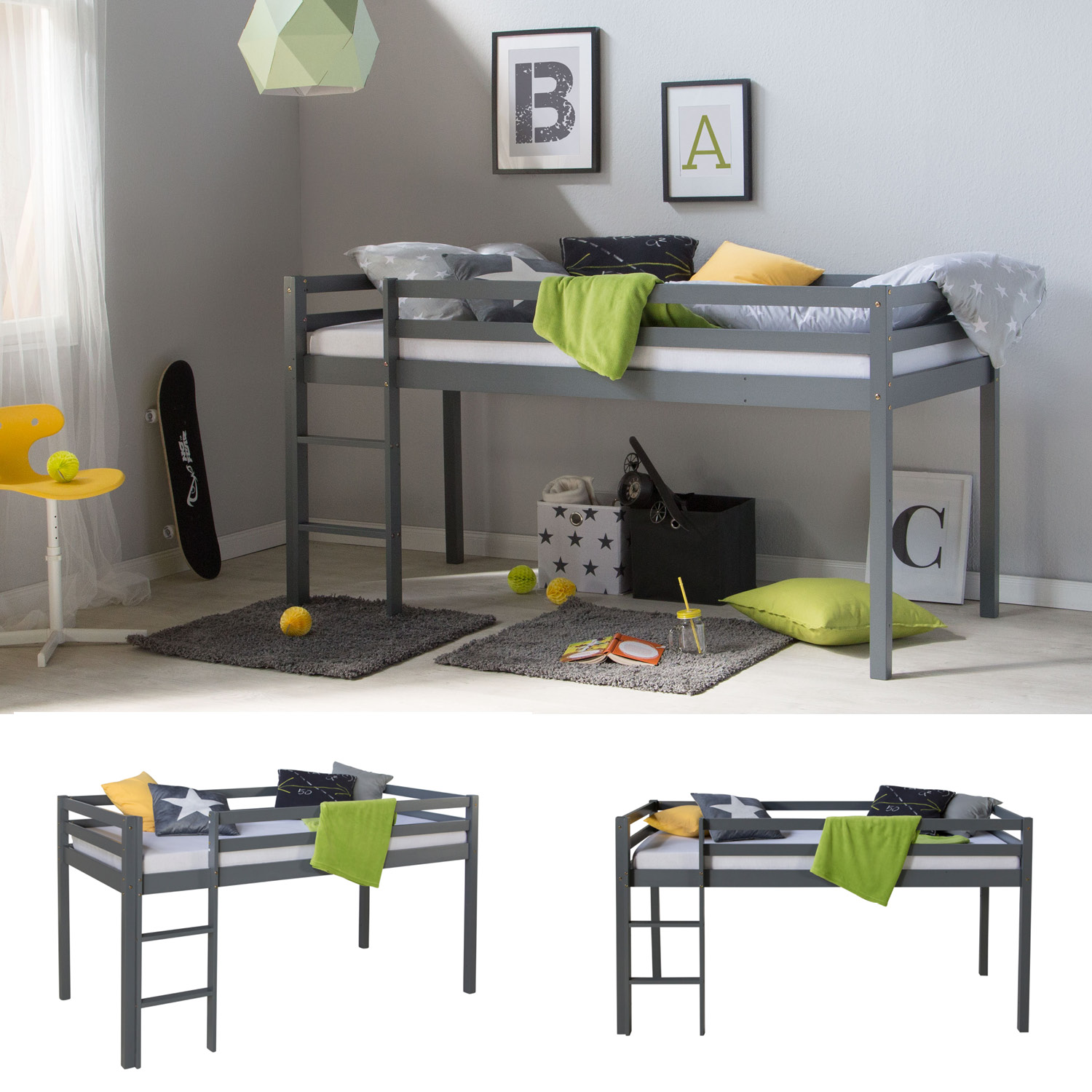 Loft Bed Kids 90x200 cm Gray Basic | without Slatted Frame Loft Bed Kids 90x200 cm Gray Basic | without Slatted Frame