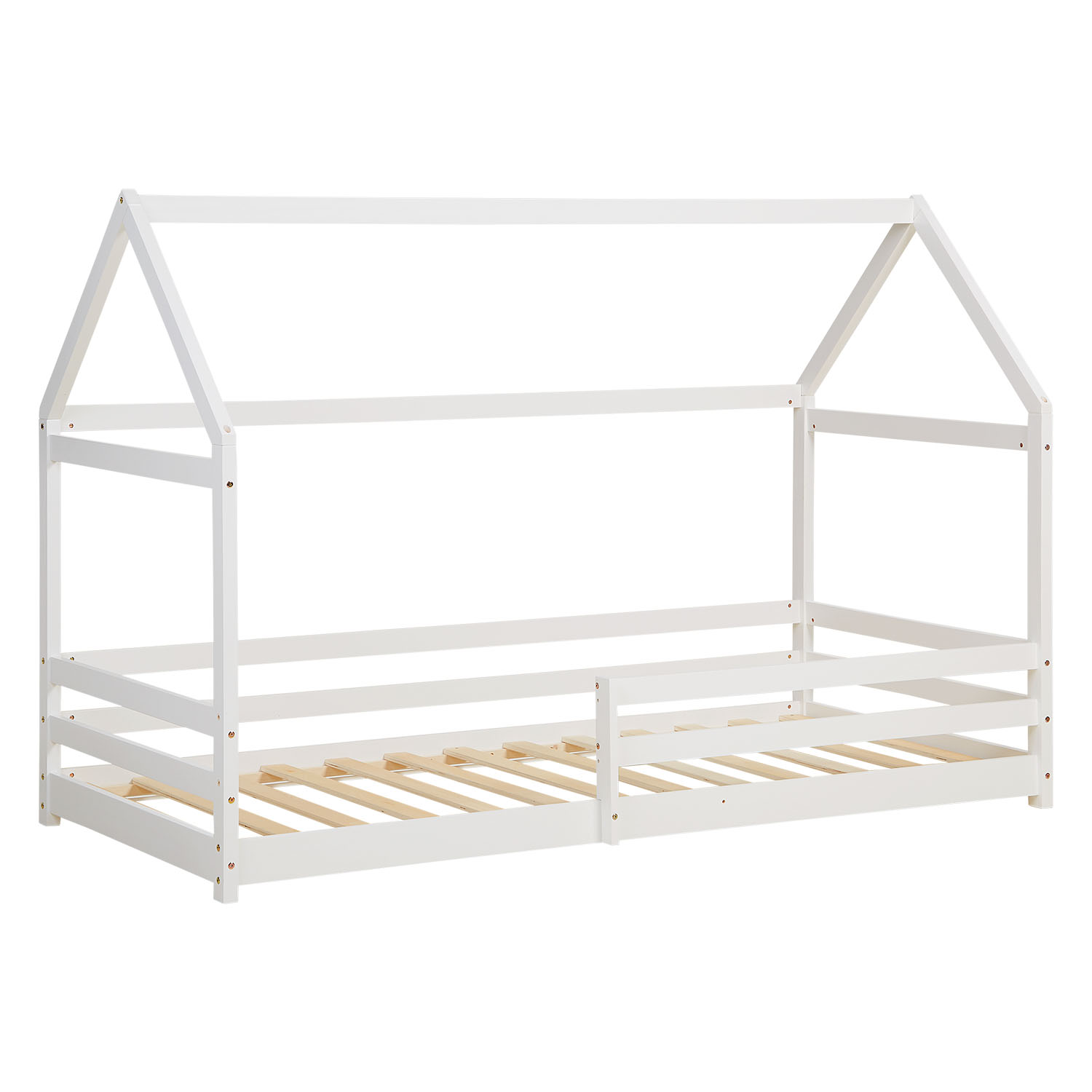 Children's Bed 90x200 cm White | House Bed with Fall Protection | Montessori | Single Bed | with Slatted Frame | Wood