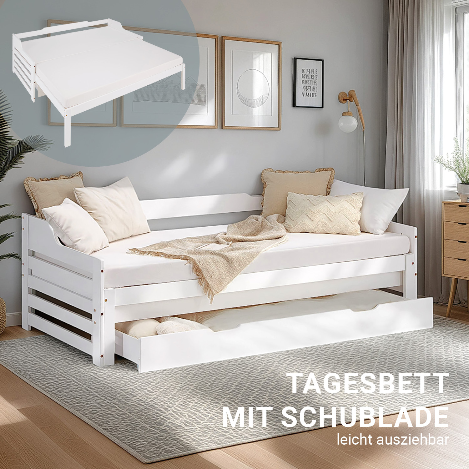 Wood Bed 90x200 cm White | Extendable to Double Bed | Storage | with Slatted Frame | Kids Youth Guest Bedroom