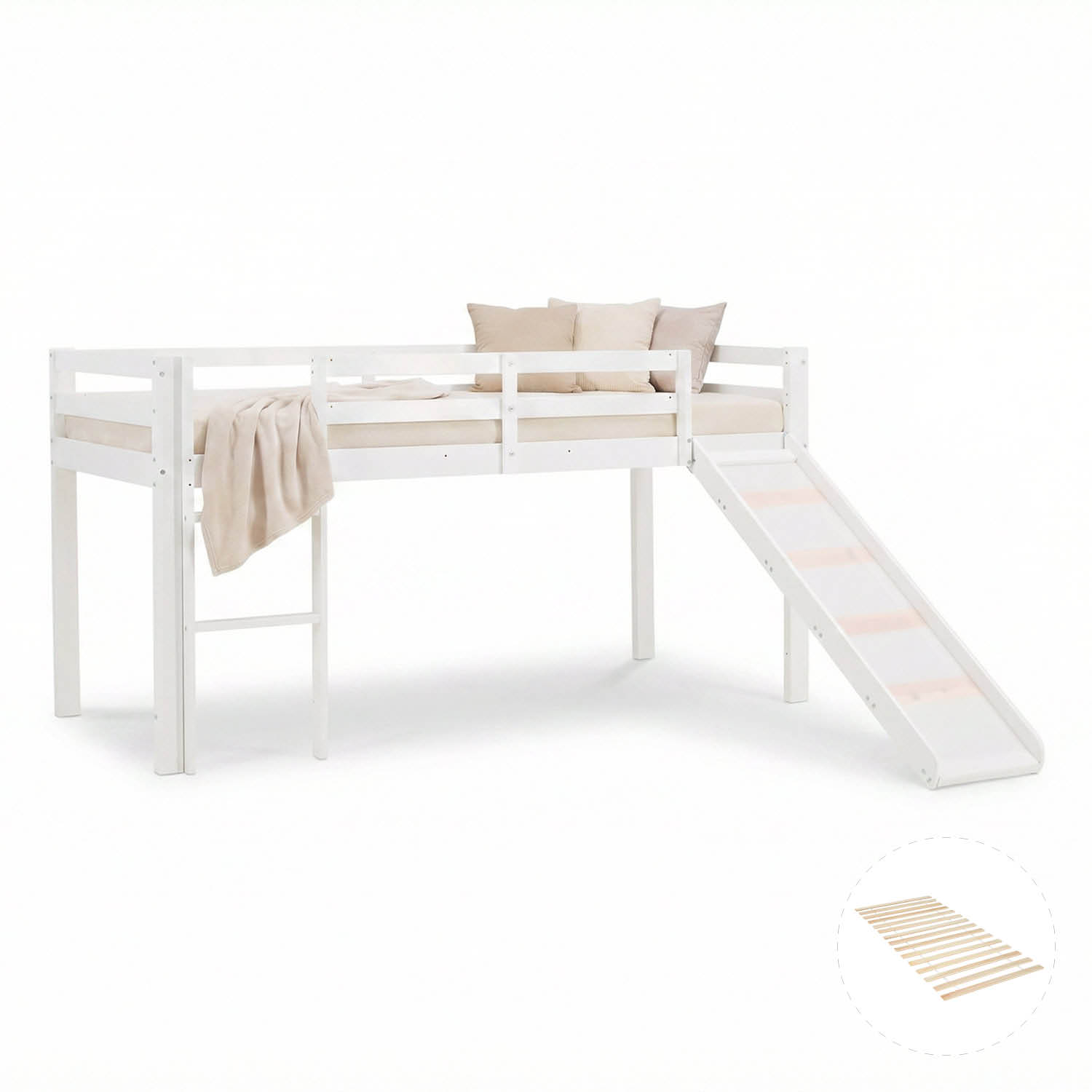 Loft Bed with Slats, Ladder and Slide 90x200 cm Children's Bed Bunk Bed High Sleeper Wood White