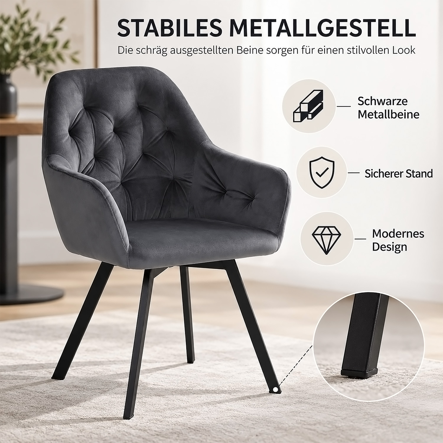 Set of 2 swivel upholstered chairs in gray velvet with armrests – Elegant dining chairs