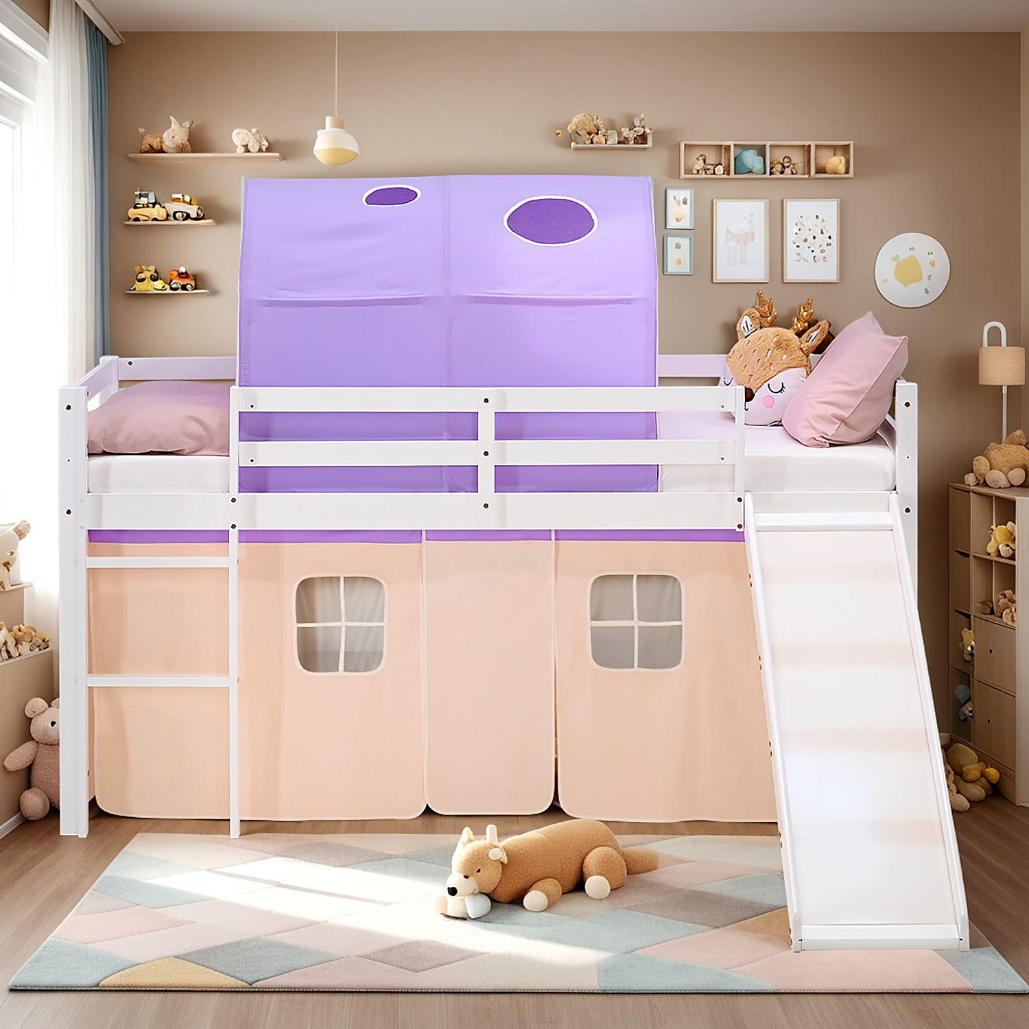 Loft Bed for Kids 90x200 cm White with Curtain & Tunnel in Lilac Beige | Slide | with Slatted Frame and mattress