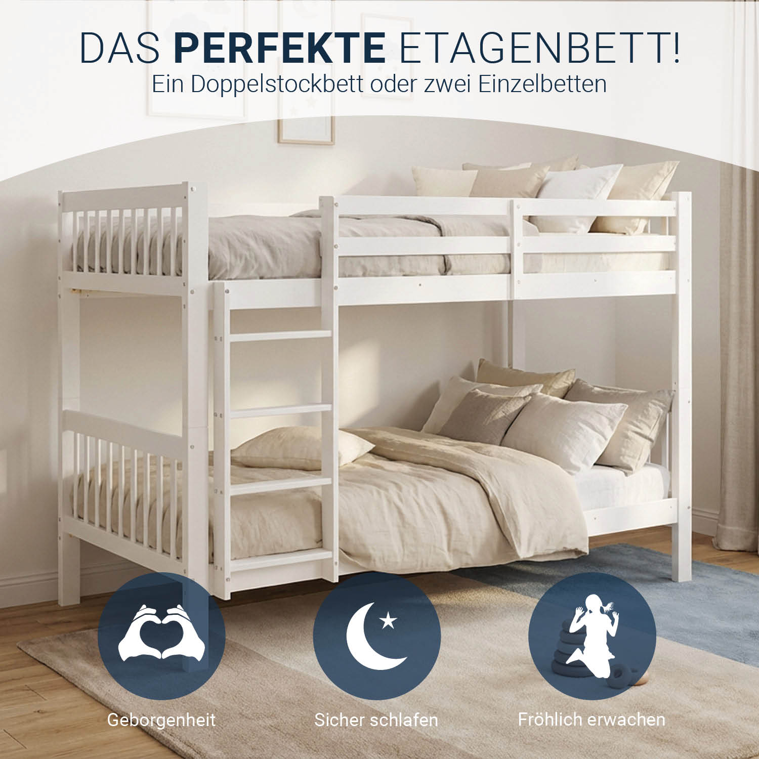 Bunk Bed 90x200 cm White | Kids Bed with Mattress | Fall Protection | Convertible | Massif pine wood
