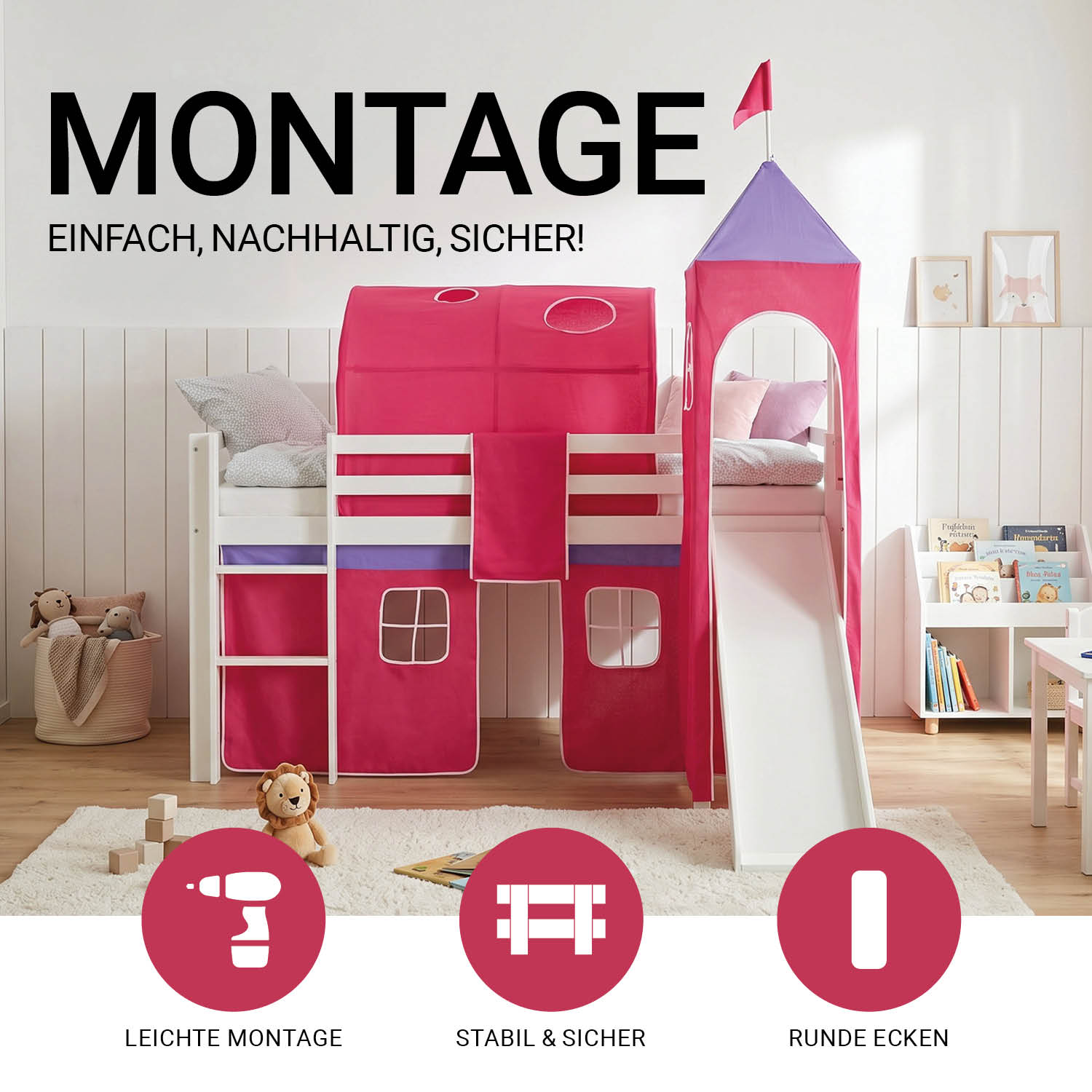 Children's Loft Bed 90x200 cm White with Pink Curtain | Tunnel | Tower | Slide | with Slatted Base