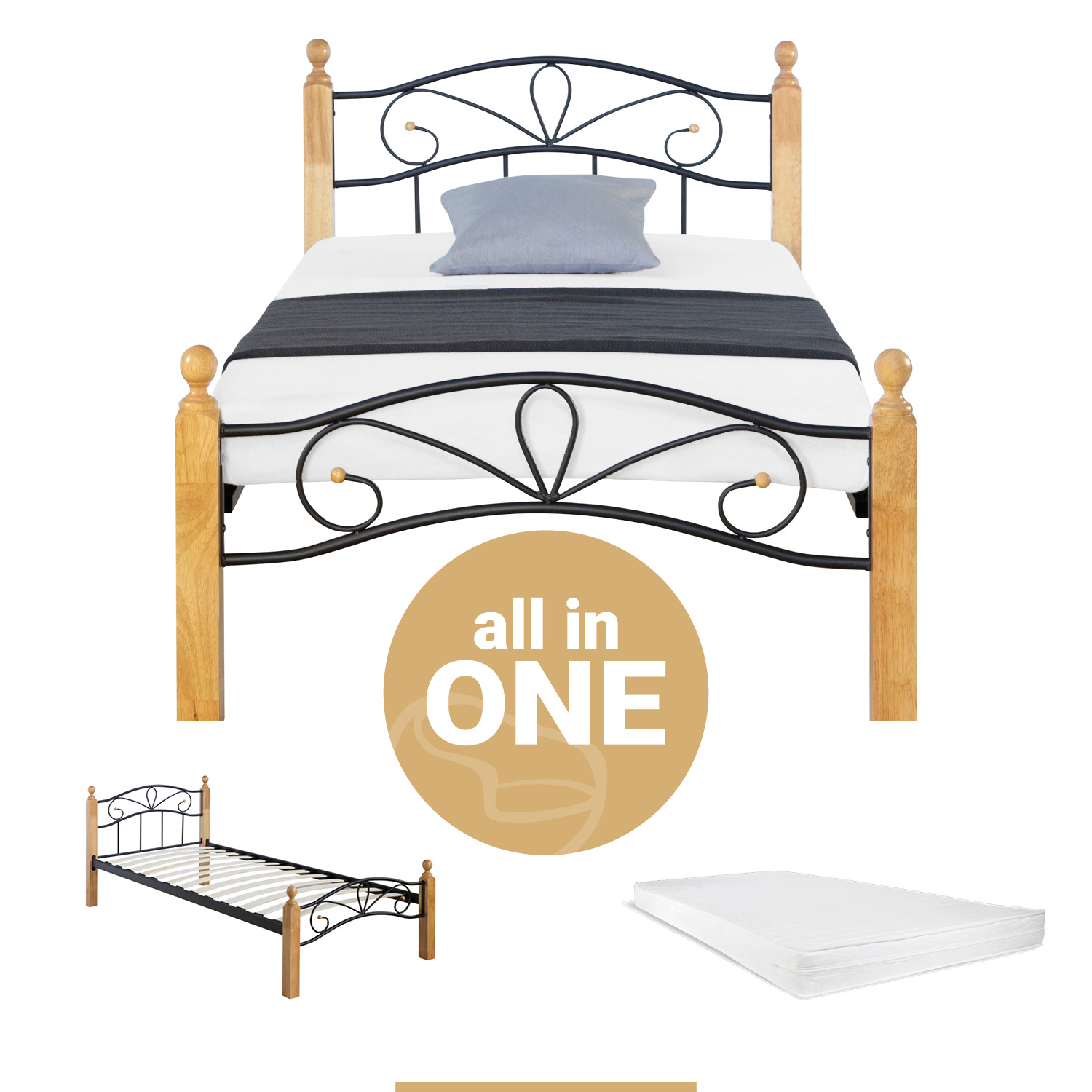 Metal Bed with Mattress Slatted Frame 90x200 cm Bedstead Black Nature Wood Single Daybed