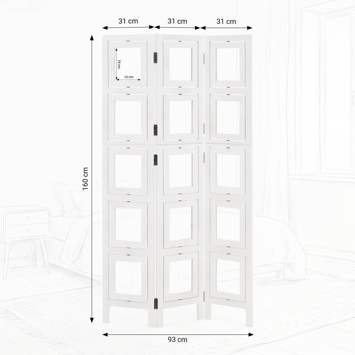 White 3-panel folding screen with photo prints – Modern room divider & decorative privacy screen
