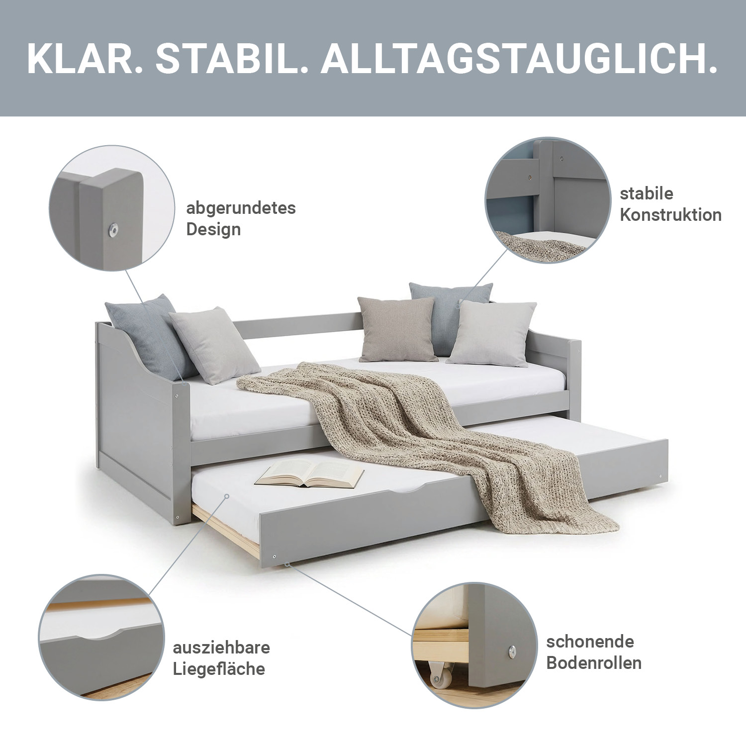Wood Bed 90x200 cm Grey | Extendable | Cabin Bed | with Mattress | Kids Youth Guest Bedroom