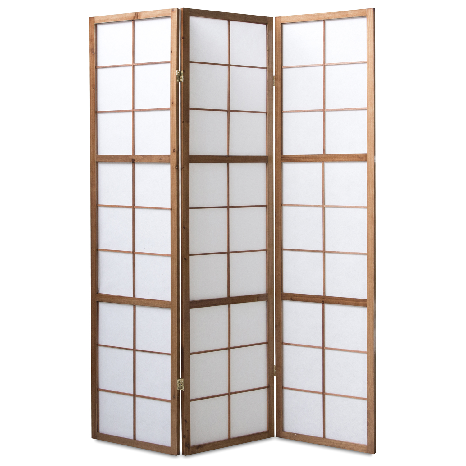 Paravent in Braun mit Holzelementen, 3 beweglichen Elementen und Shoji-Design. Der Raumteiler steht vor einem Fenster mit weißen Vorhängen. Ein blau-graues Sofa mit Kissen und ein heller Teppich sind rechts im eingerichteten Raum zu sehen.