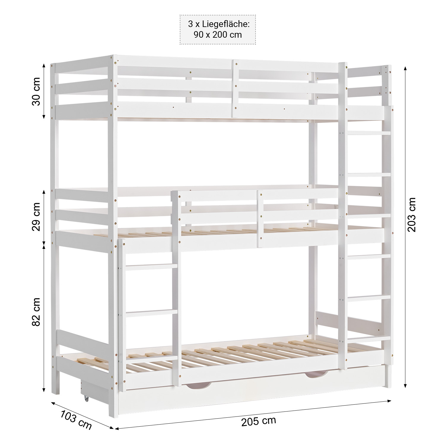 Triple Bunk Bed 90x200 with Mattresses Children´s Bed High Sleeper Cot White Wood Loft Bed Kids Bed