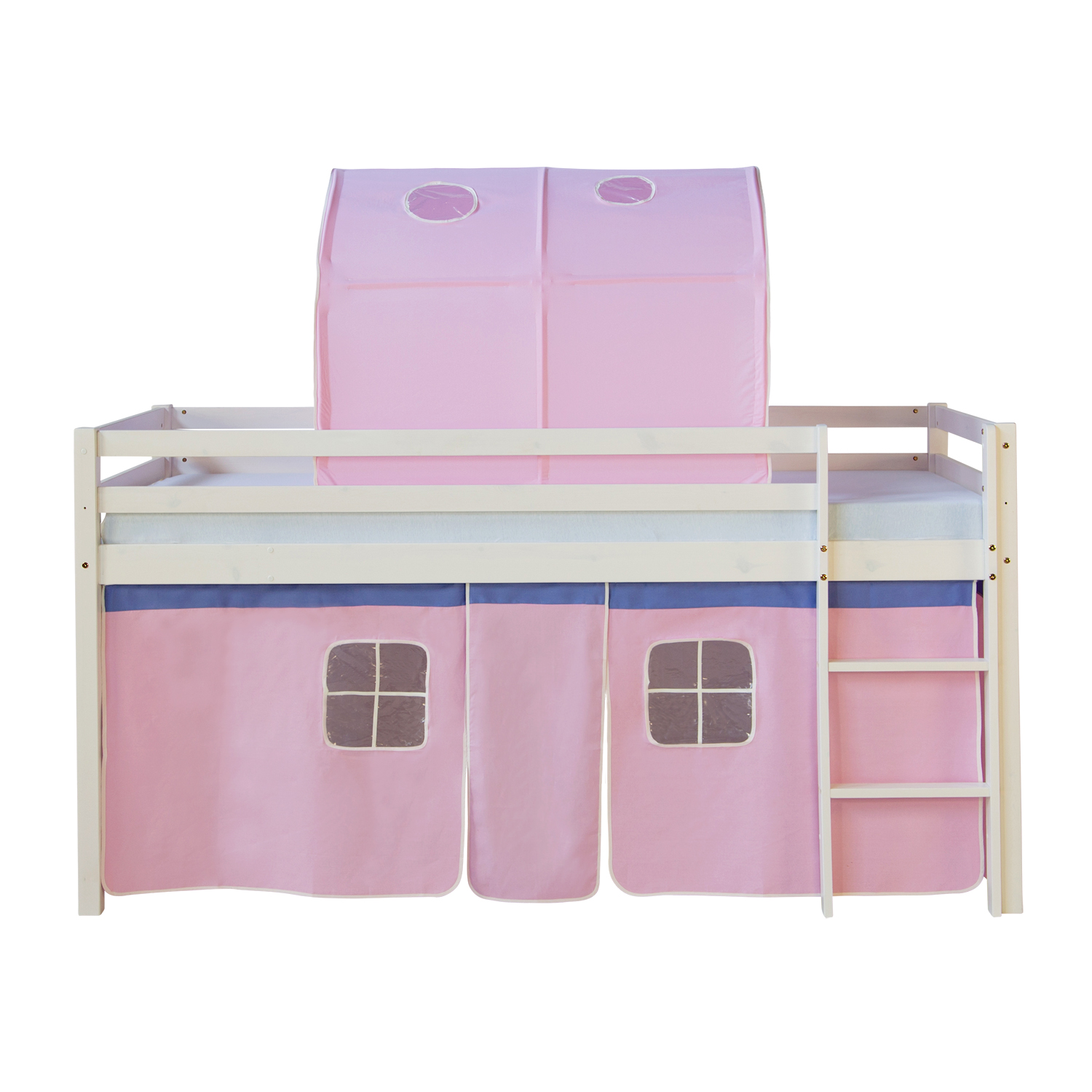 Loft Bed Kids 90x200 cm White with Curtain in Pink | Tunnel | with Slatted Frame