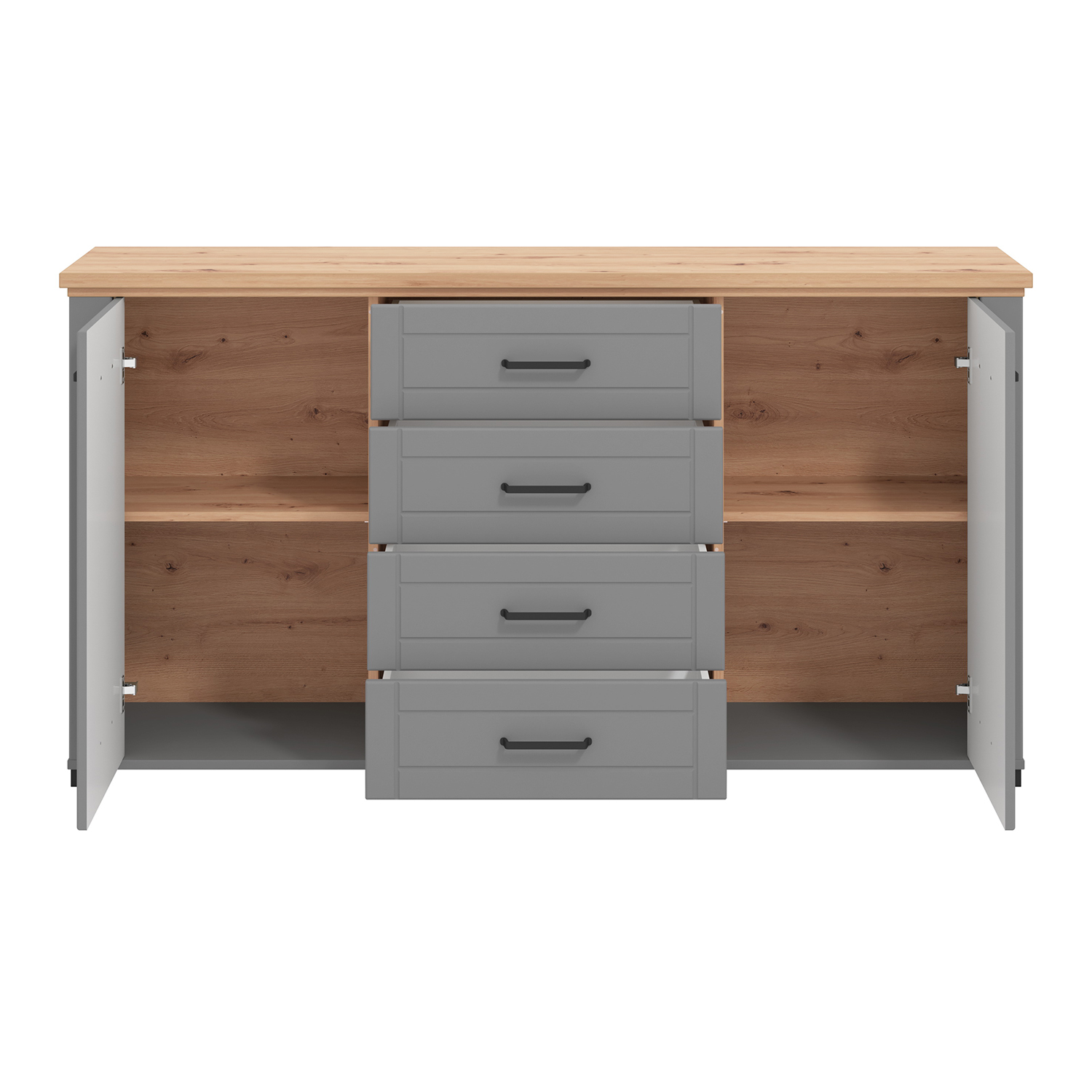 Chest of Drawers Sideboard Oak Matt Grey Wood Solid Cupboard with 4 Drawers