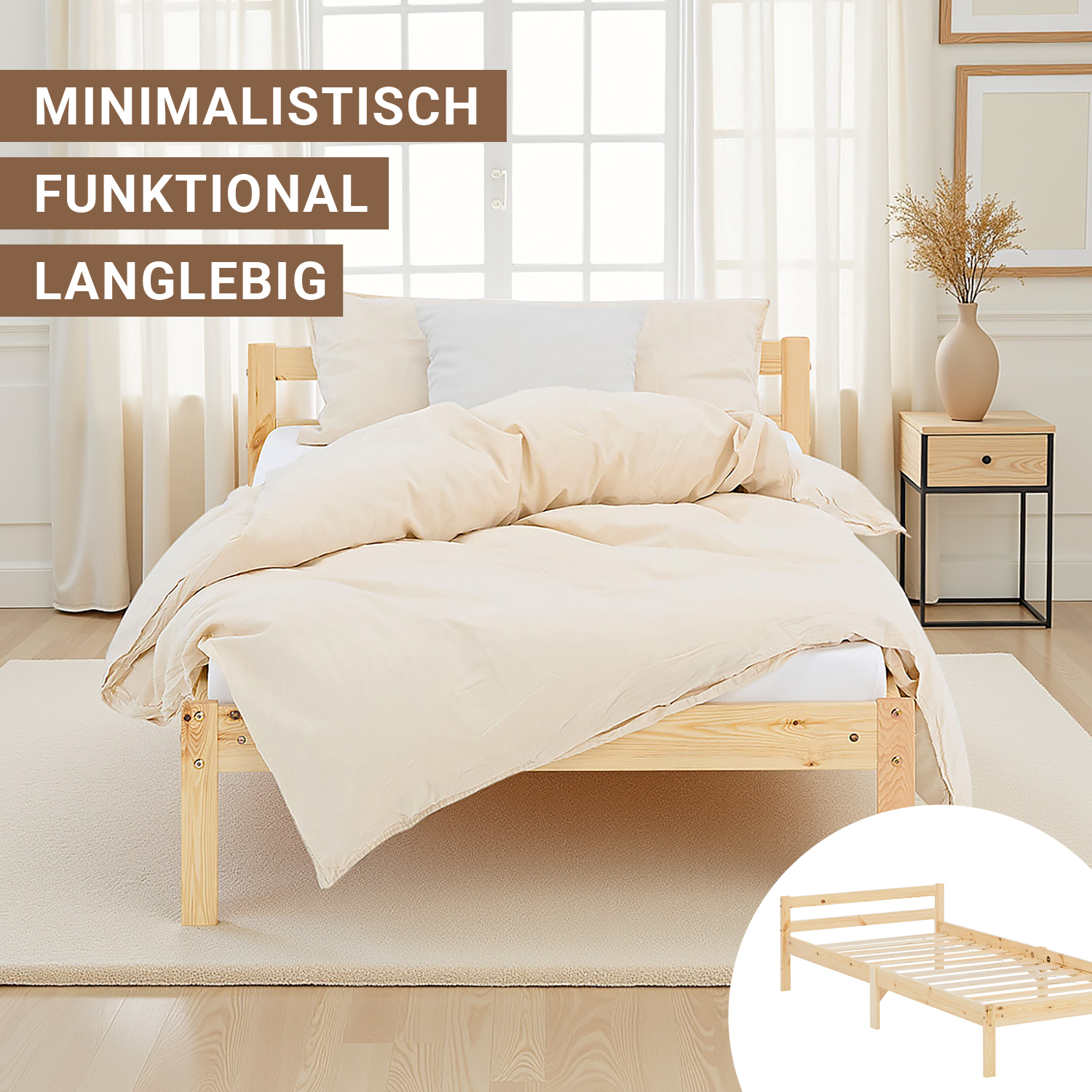Wooden Bed 90x200 cm Natural – Solid Wood Single Bed with Slatted Base for Teenagers' Rooms, Guest Rooms, and Bedrooms