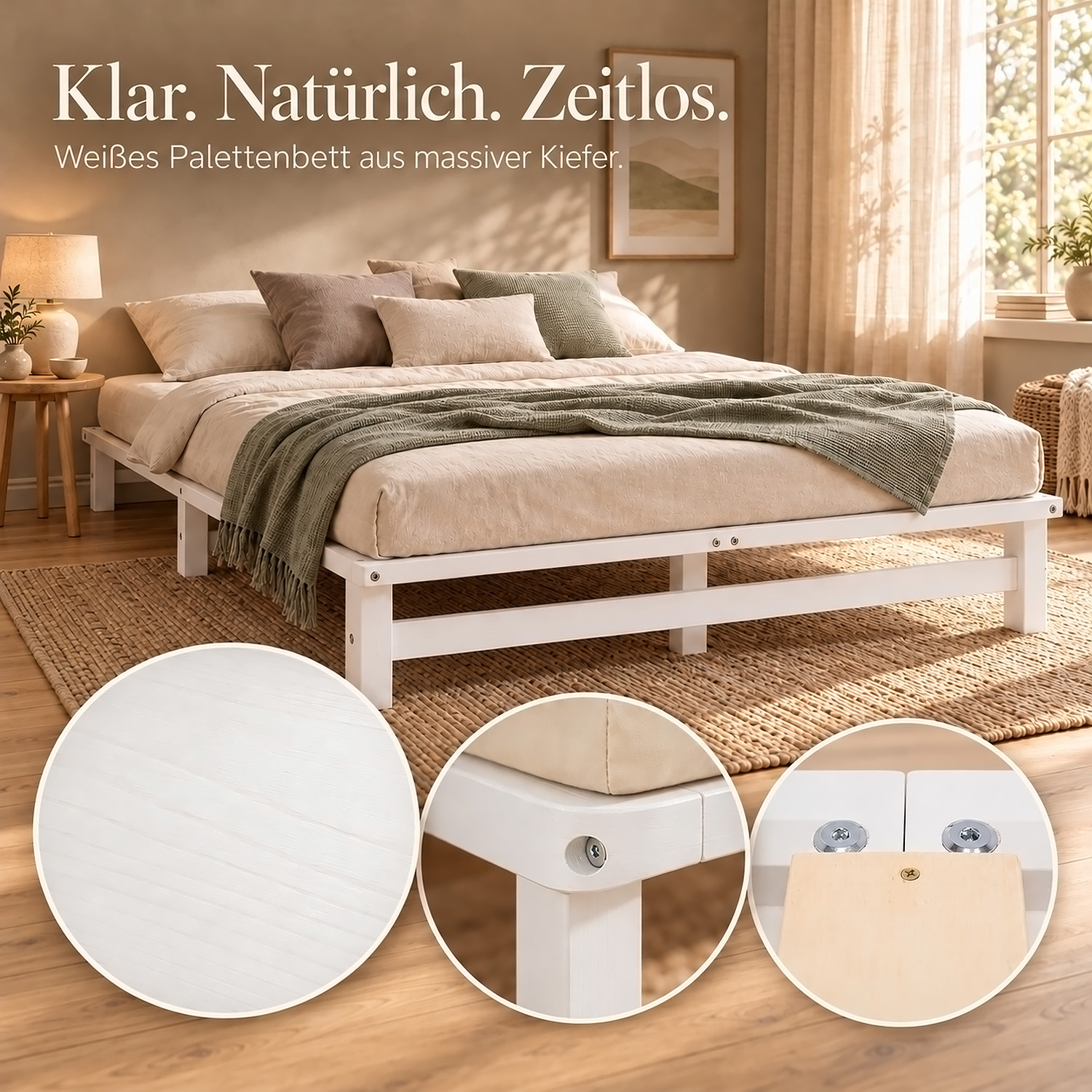 Pallet Bed 140x200 cm White – Wooden Double Bed with Mattress & Slatted Base for Teen Rooms, Guest Rooms, and Bedrooms