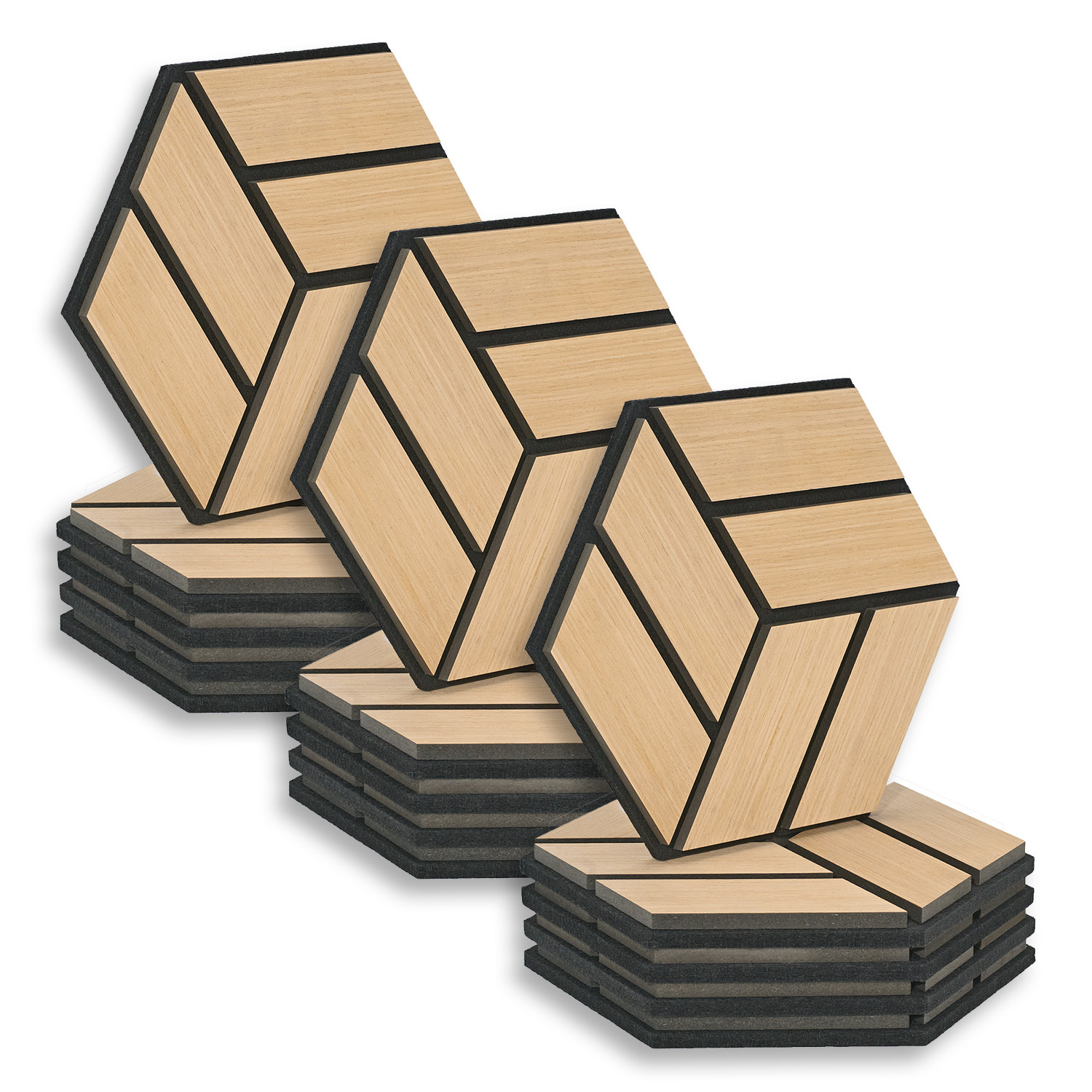 Acoustic Panels Wall Panels Hexagon Honeycomb 30 x 26 cm Natural Oak | Wood | 15-piece Set | 3D