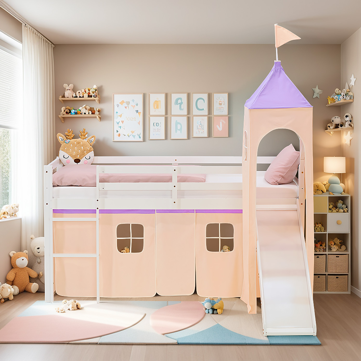Loft Bed for Kids 90x200 cm White with Curtain in Lilac Beige | Slide | Tower | with Slatted Frame and Mattress