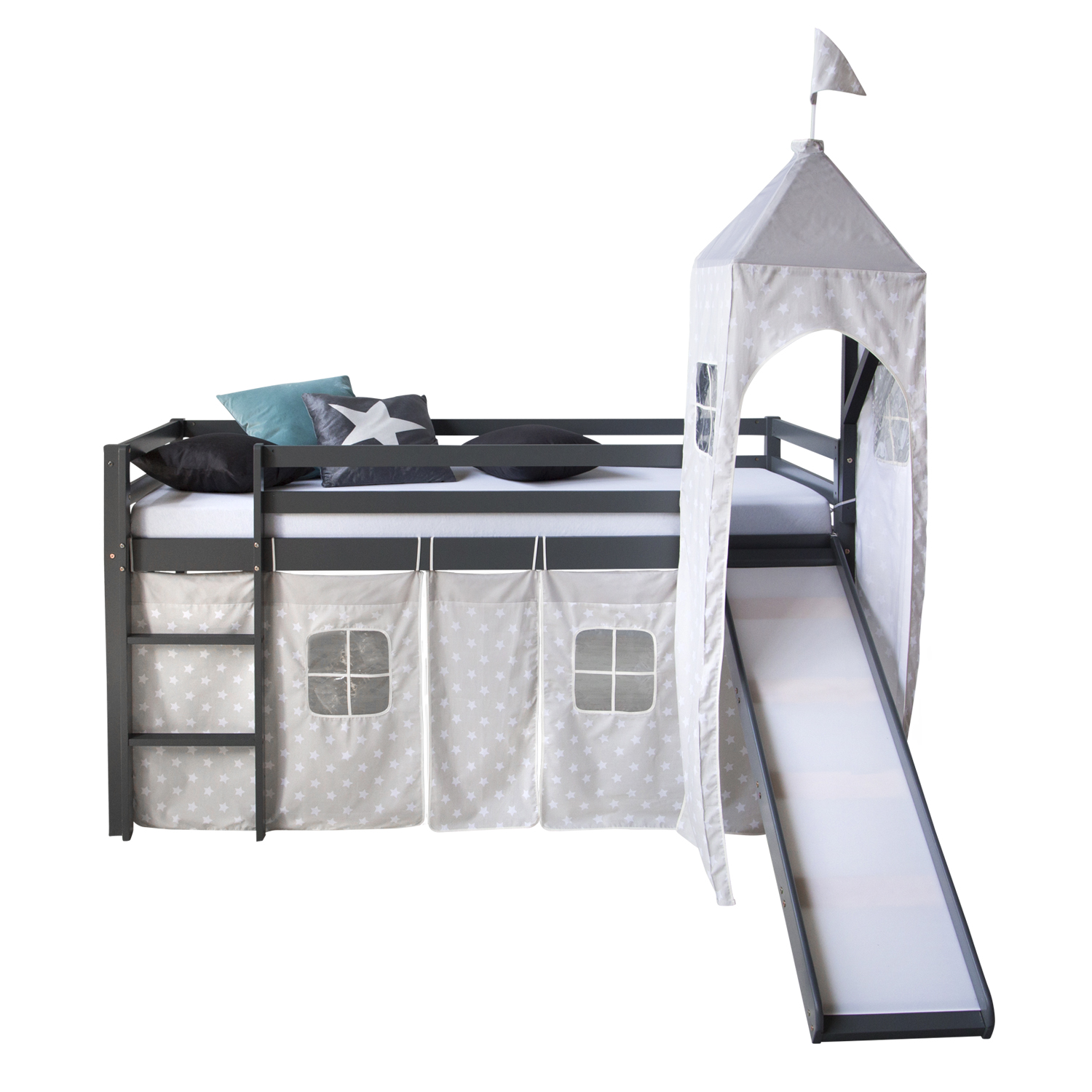 Loftbed with Slide 90x200 cm Mattress Tower Bunk bed Grey Childrens bed Solid Pine Wood Curtain Stars Slats