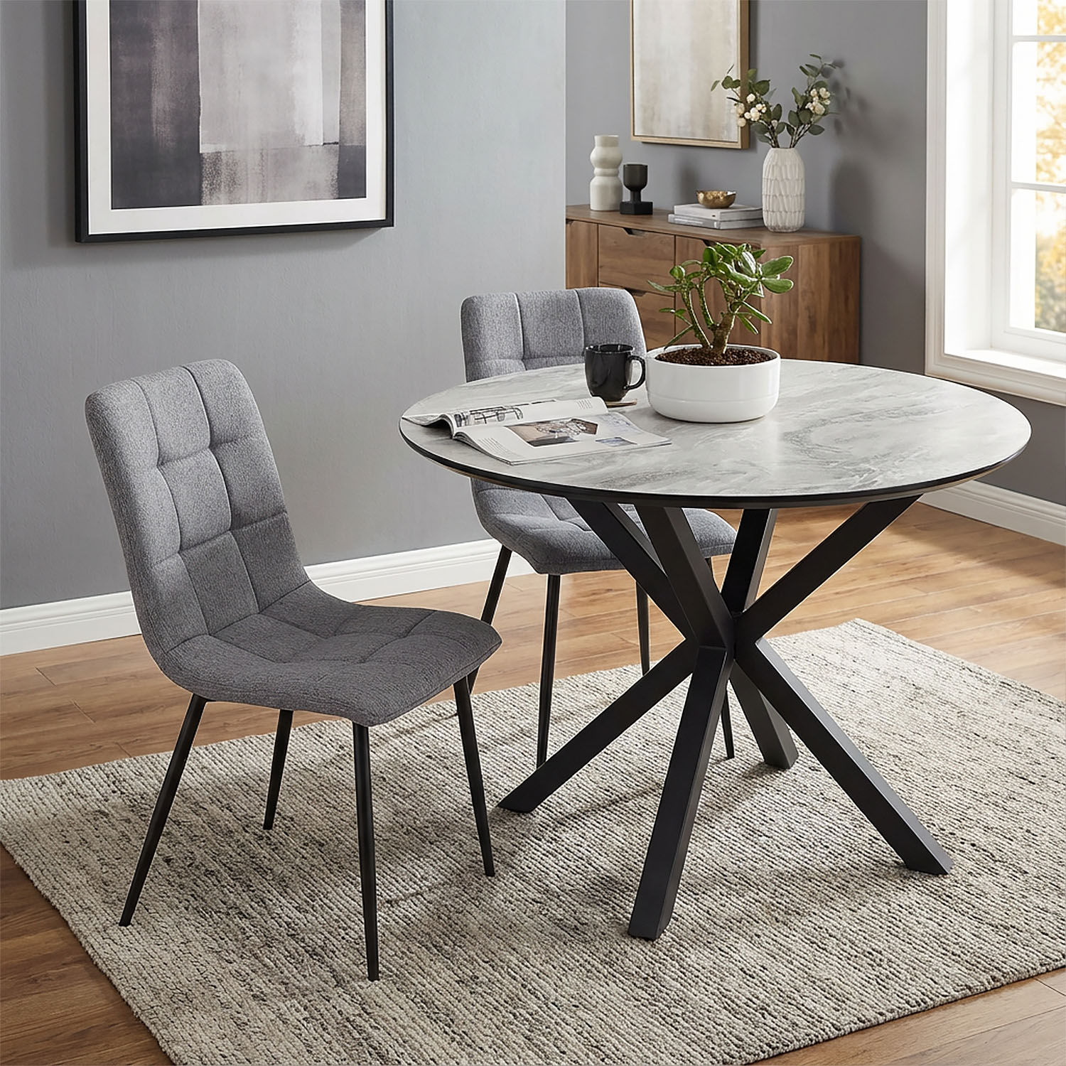 Dining set | 2-piece set upholstered chairs grey | dining table grey black metal frame round 110 cm