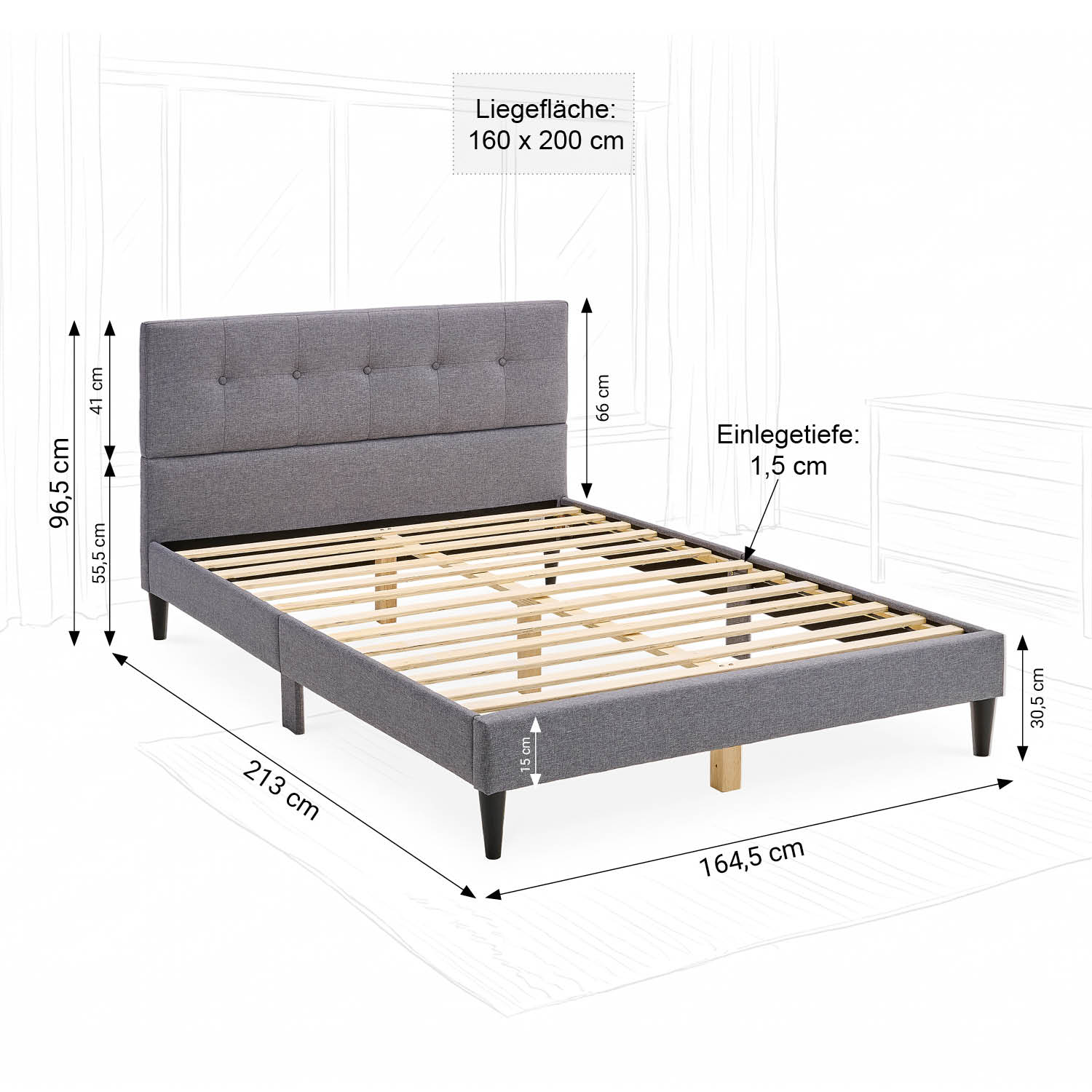 Upholstered bed 160x200 cm grey | with slatted frame | double fabric bed frame