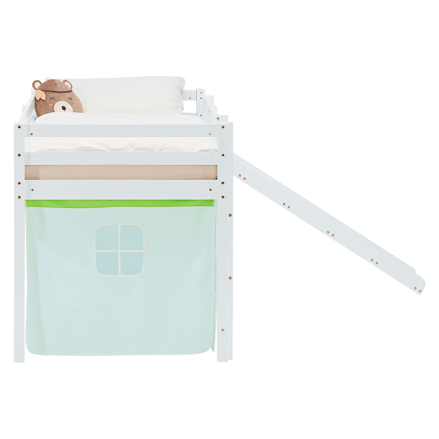 Loft Bed for Kids 90x200 cm White with Curtain in Green | Slide | with Slatted Frame and Mattress