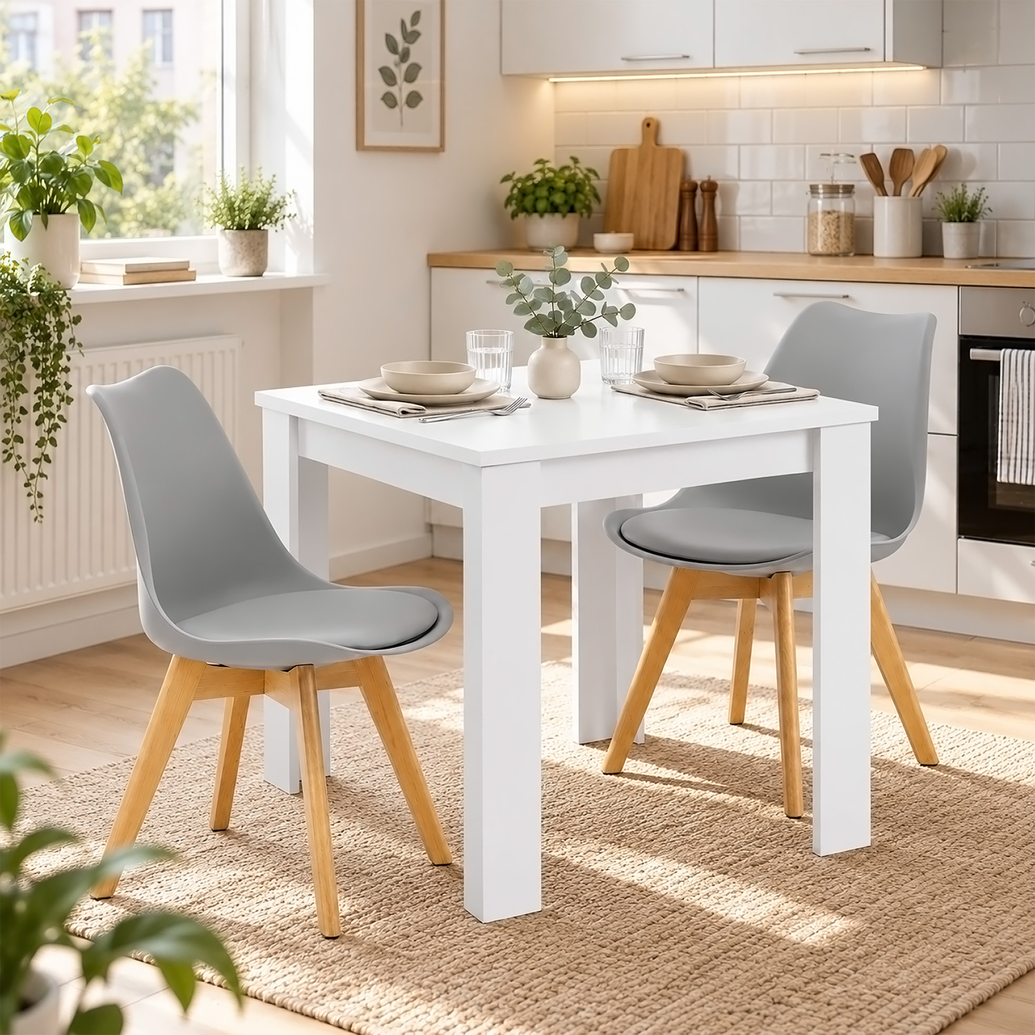 Dining Set (3-Piece): 80x80 cm white dining table with 2 grey plastic chairs and wooden legs
