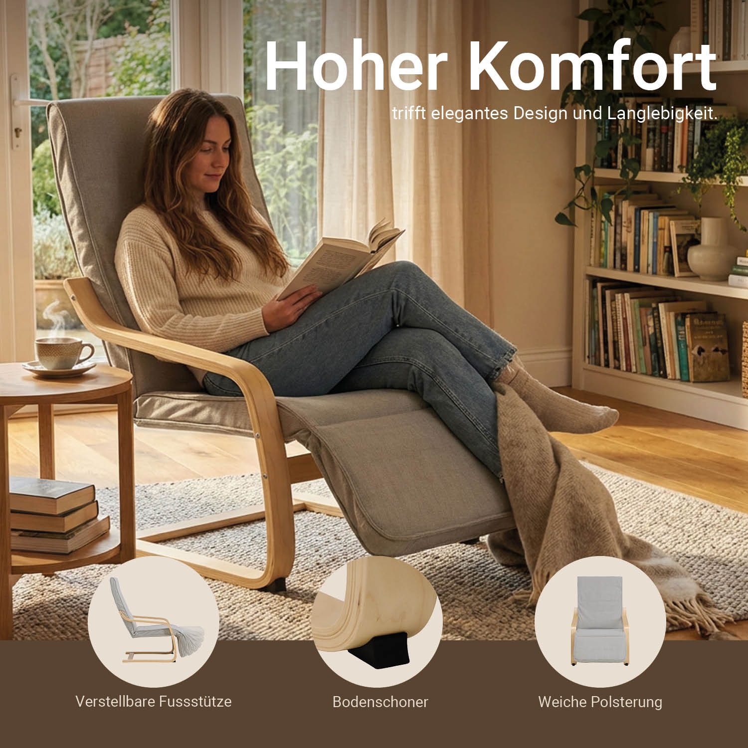 Relaxsessel Corduroy Grey | with Footrest | Natural Wood | Glider Rocking Chair Nursing Chair Recliner