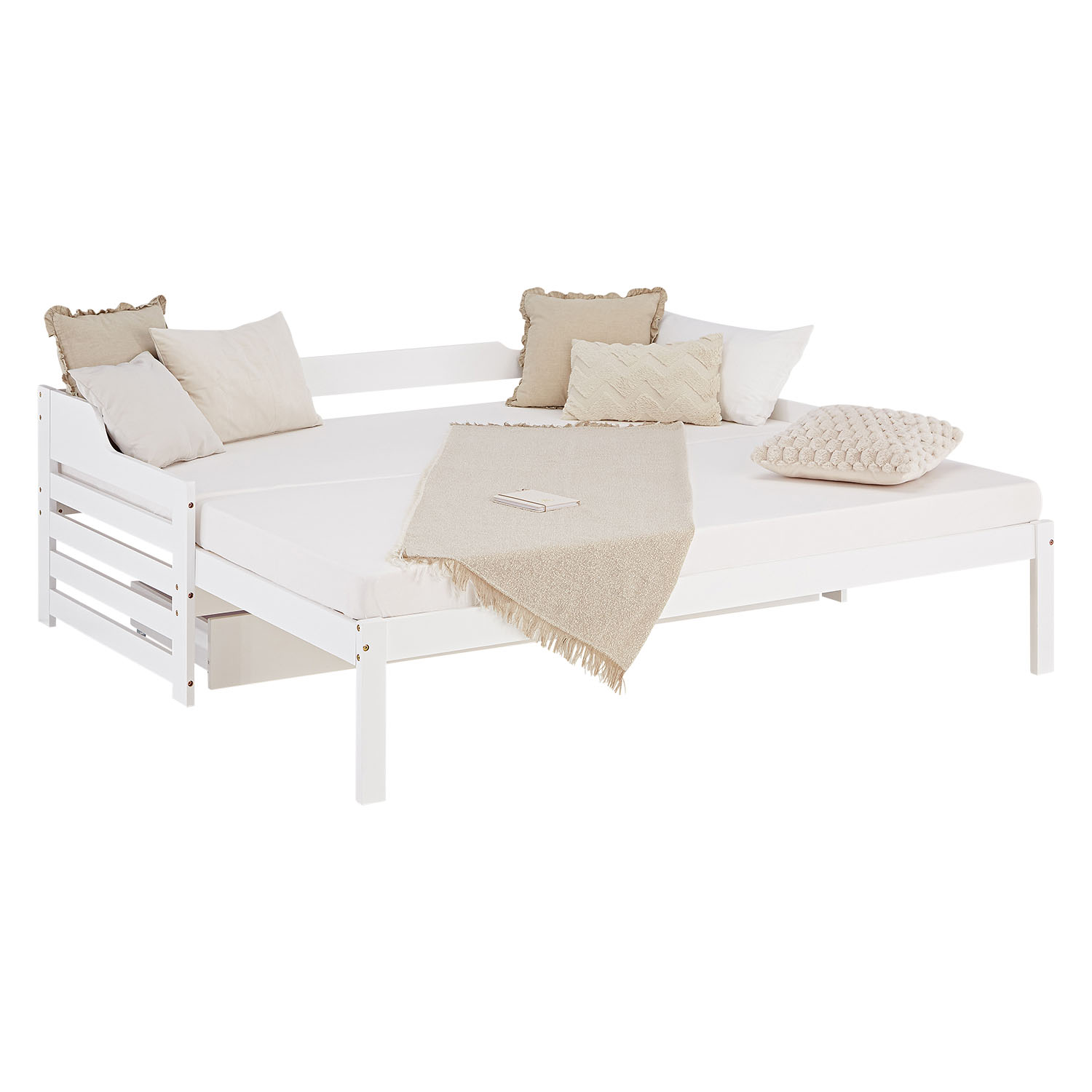 Gästebett Holzbett 90x200 cm Weiß Stauraum Tagesbett ausziehbar Jugendbett Ausziehbett Bett mit Bettkasten Matratze