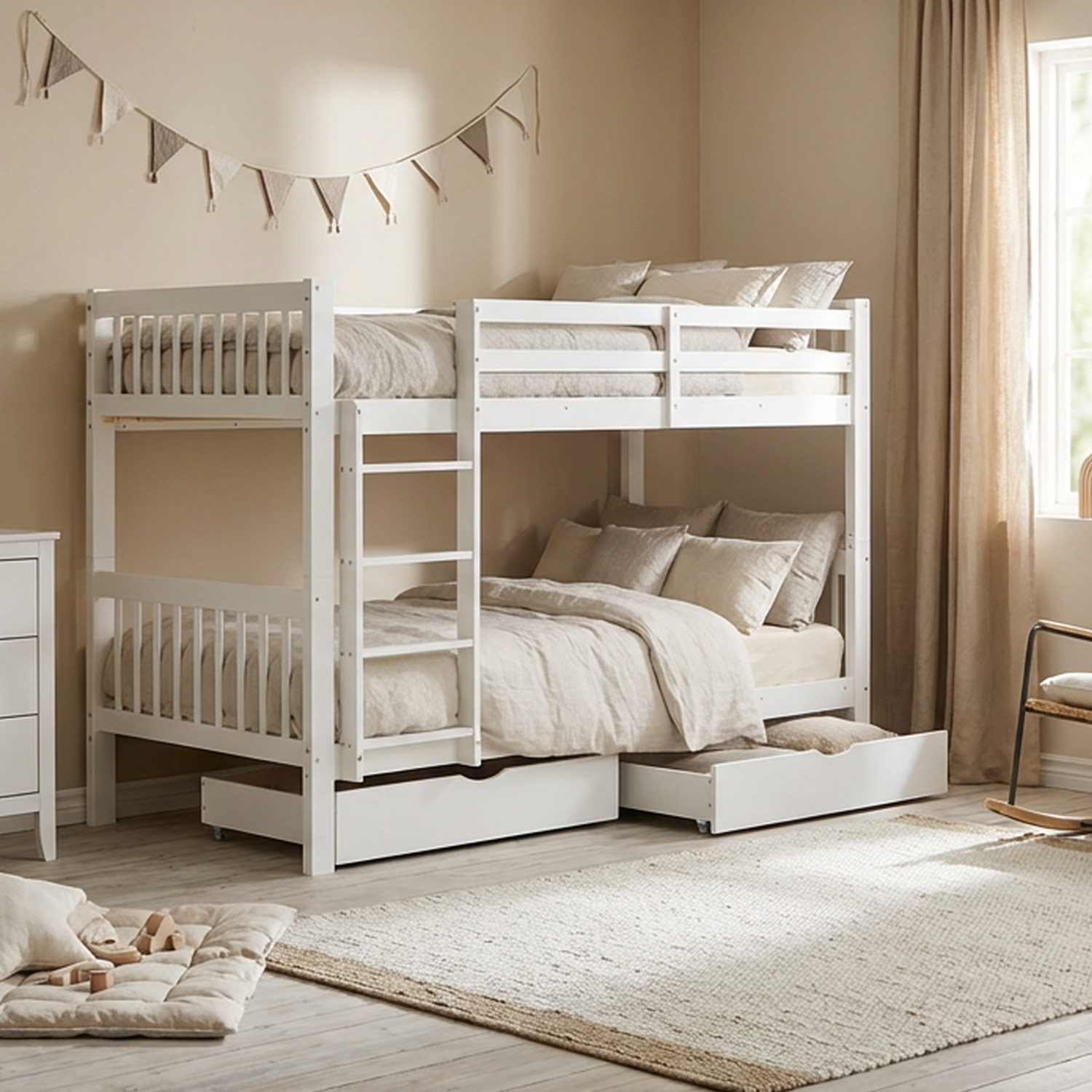 White Bunk Bed 90x200 cm | Children’s Bed with 2 Underbed Drawers | Safety Guard | Convertible | Solid Wood