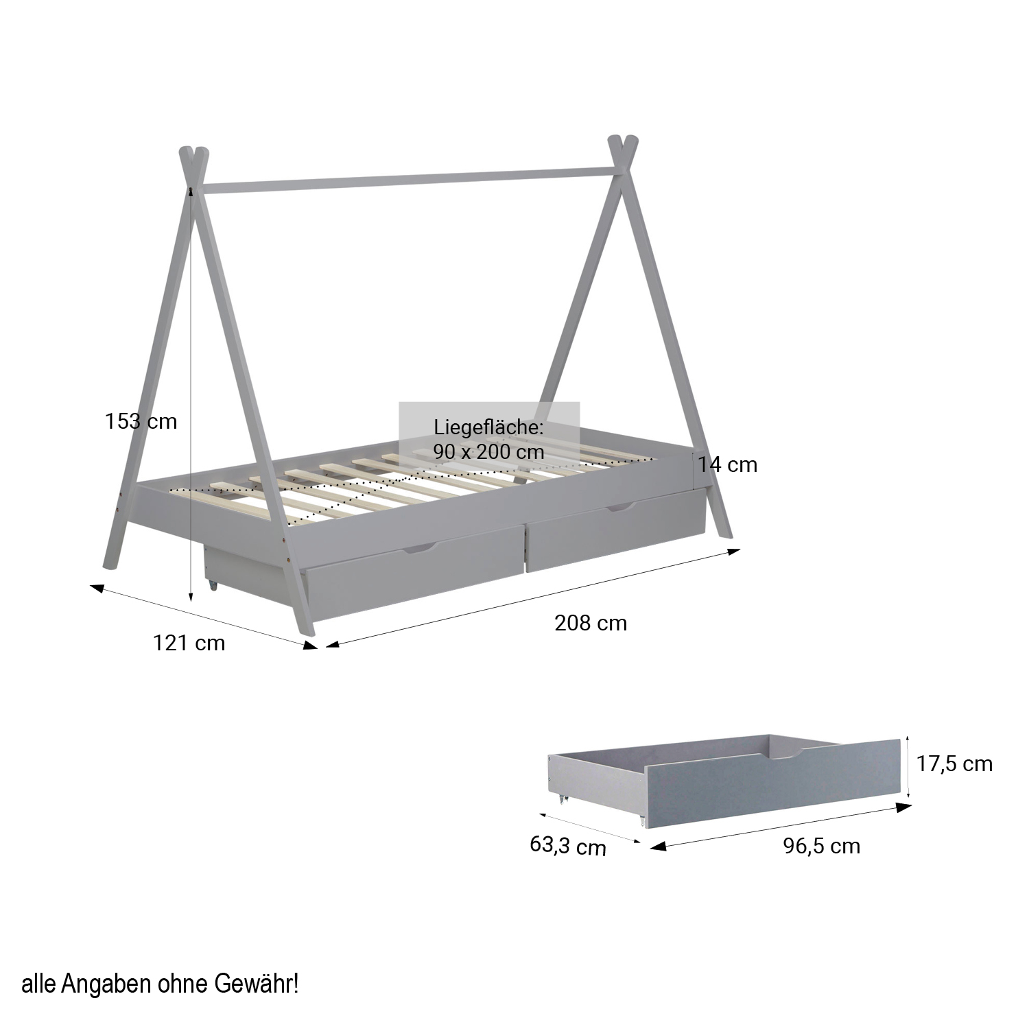 Children's Bed with Mattress TIPI 90x200 Youth Bed White Grey Wooden Bed Kids Room Fabric Bed Drawer