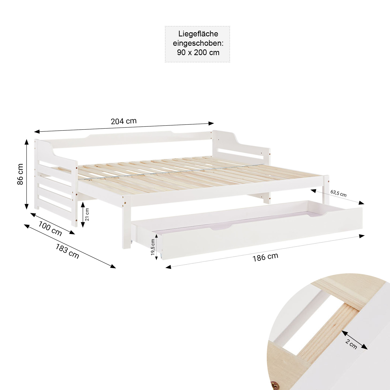 Wood Bed 90x200 cm White | Extendable to Double Bed | Storage | with Slatted Frame | Kids Youth Guest Bedroom