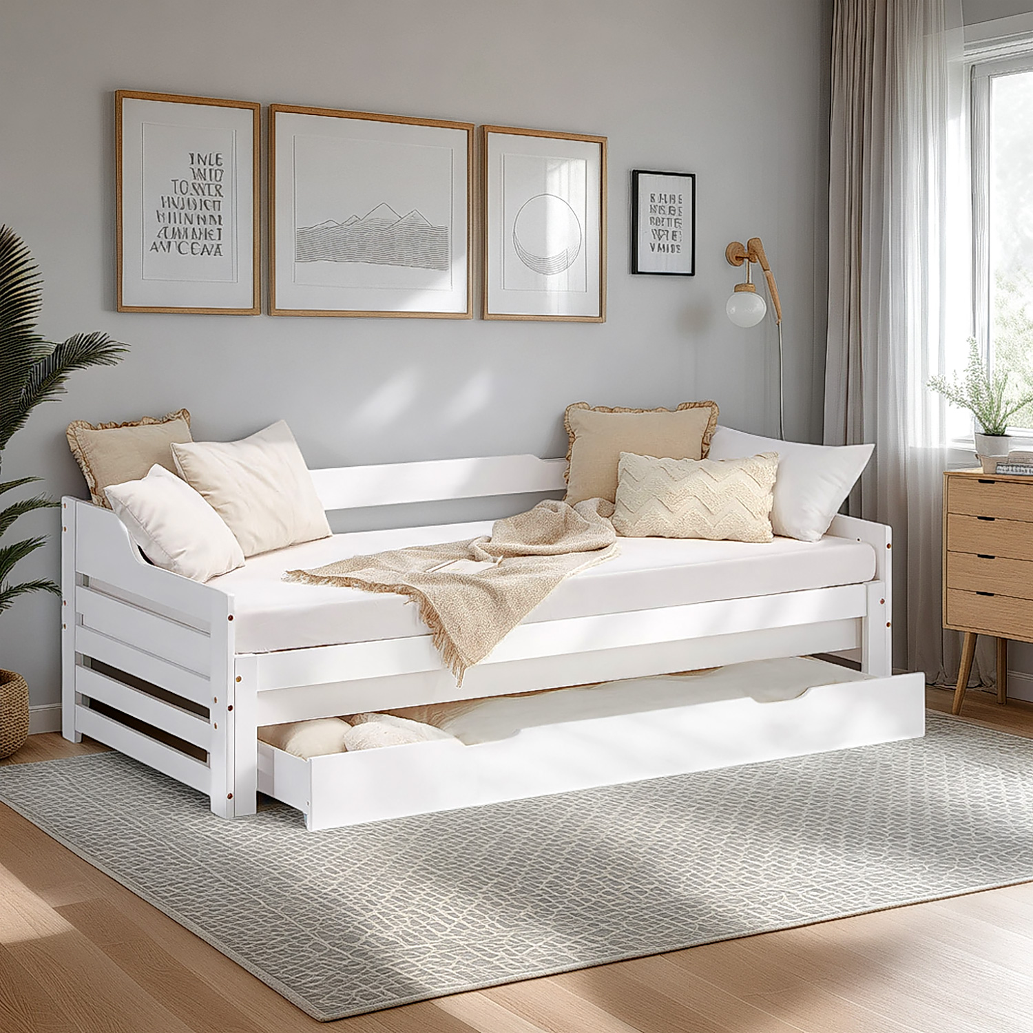 Wood Bed 90x200 cm White | Extendable to Double Bed | Storage | with Slatted Frame | Kids Youth Guest Bedroom