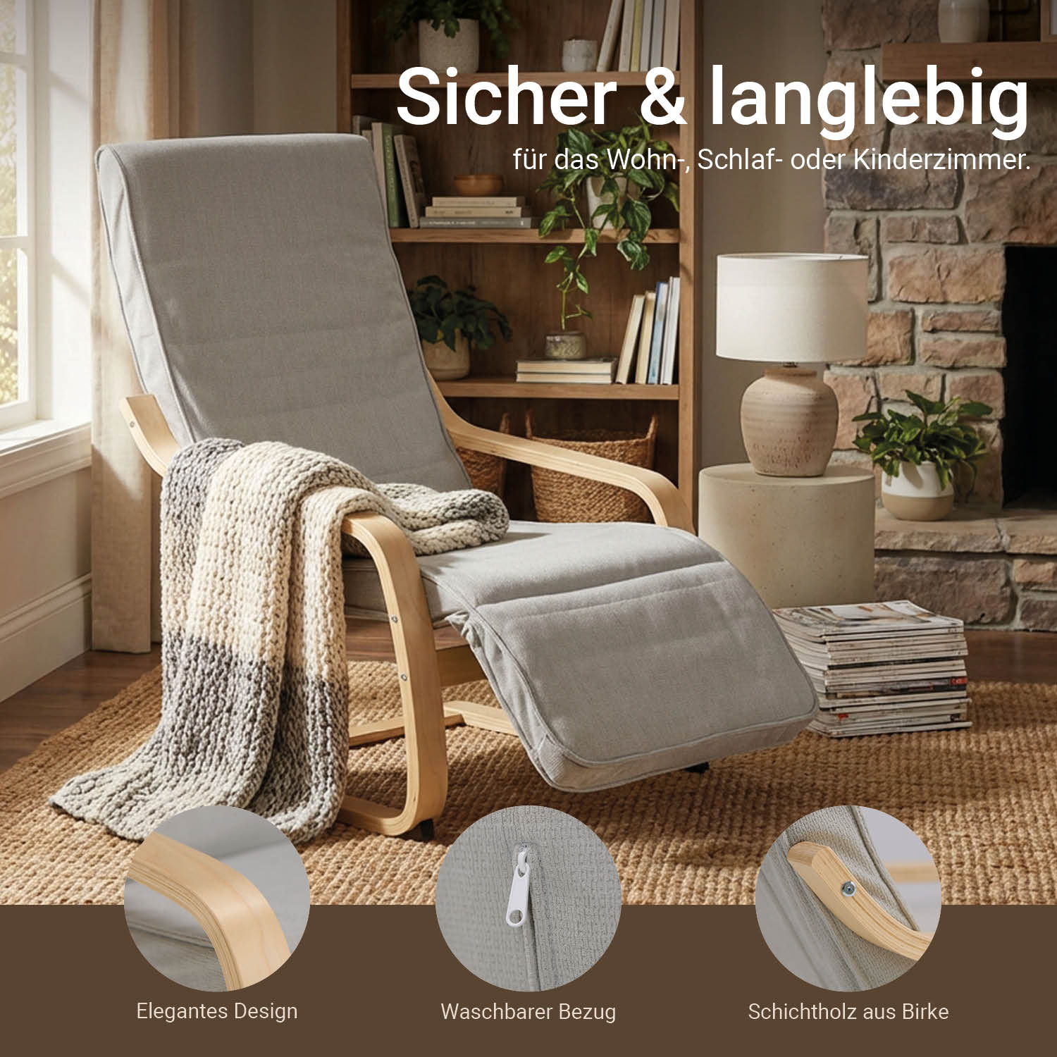 Relaxsessel Corduroy Grey | with Footrest | Natural Wood | Glider Rocking Chair Nursing Chair Recliner