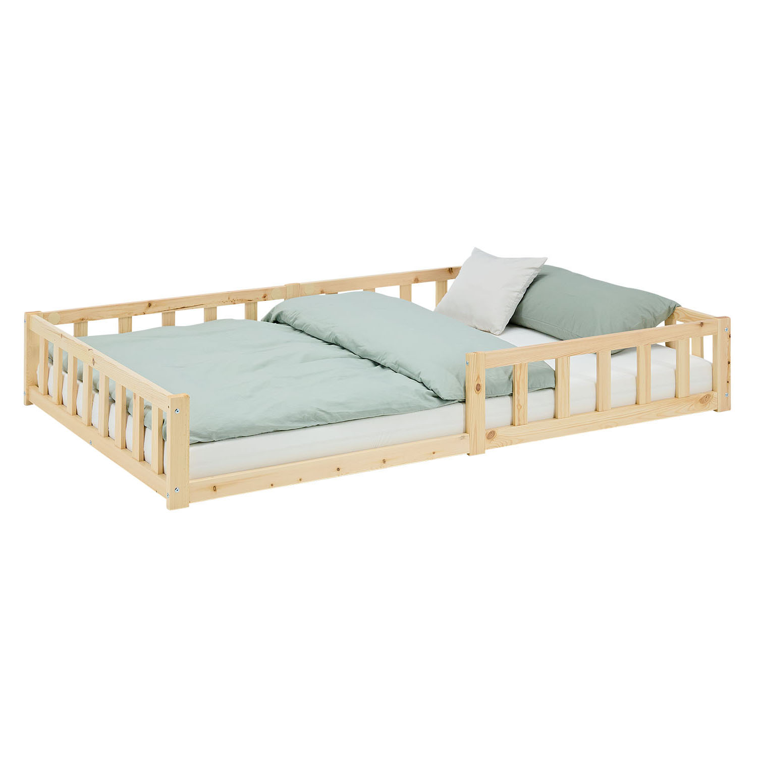 Children's Bed 120x200 Natural | Floor Bed with Slatted Frame | with Fall Protection | Montessori