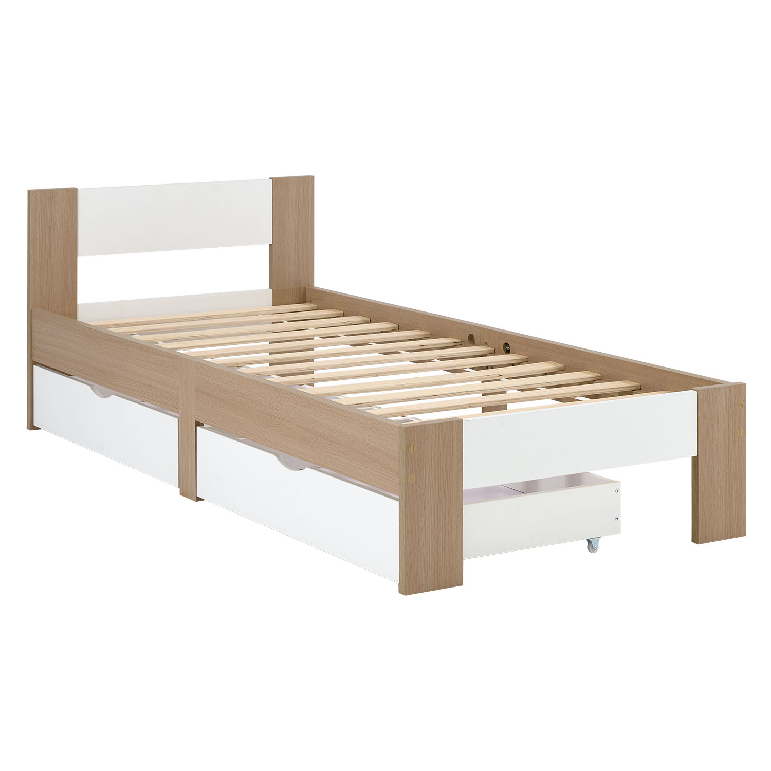 Holzbett 90x200 mit 2 Bettkästen Bett Eiche Braun Weiß Holzbett Bettgestell Jugendbett Einzelbett Matratze Lattenrost