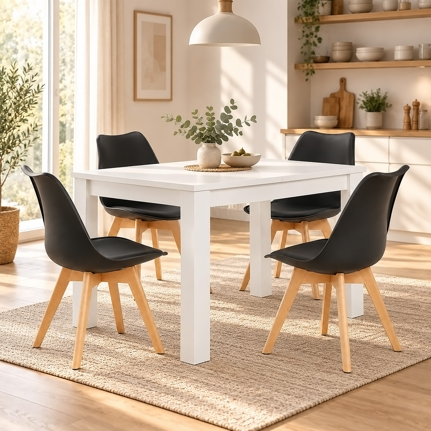 Dining Set (5-Piece): 120x80 cm white extendable dining table with 4 black plastic chairs and wooden legs
