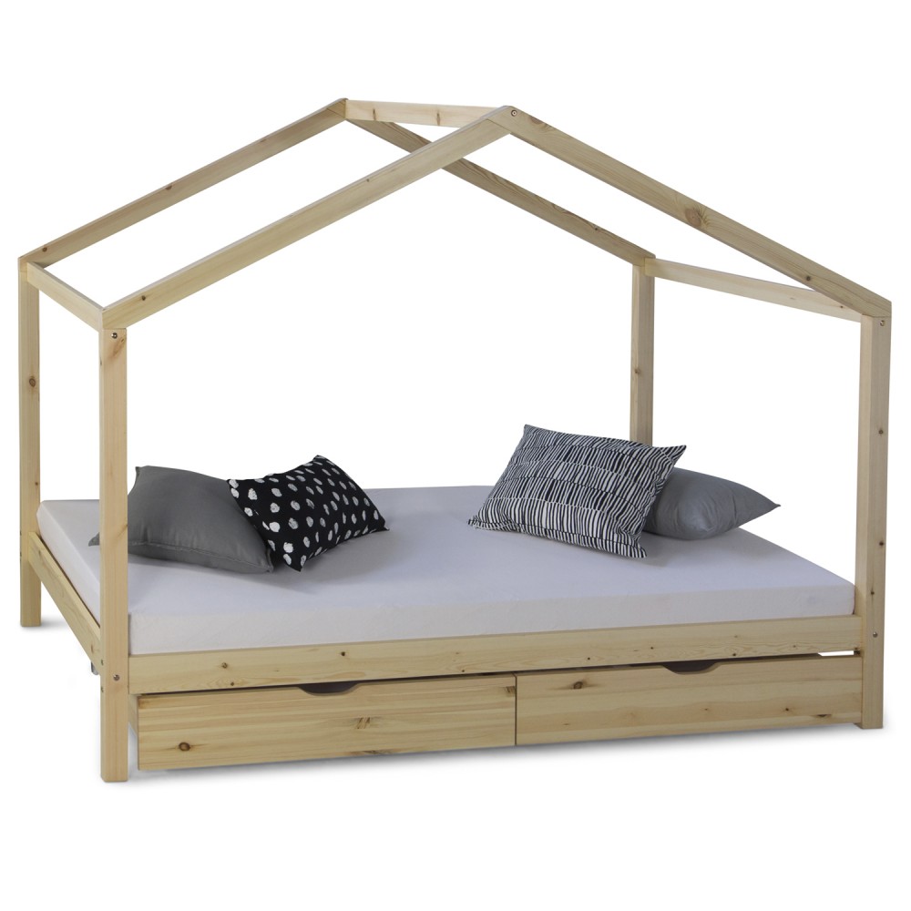 Children's Bed 90x200 cm Natural | House Bed with Drawers | Single Bed | with Slatted Frame | Wood