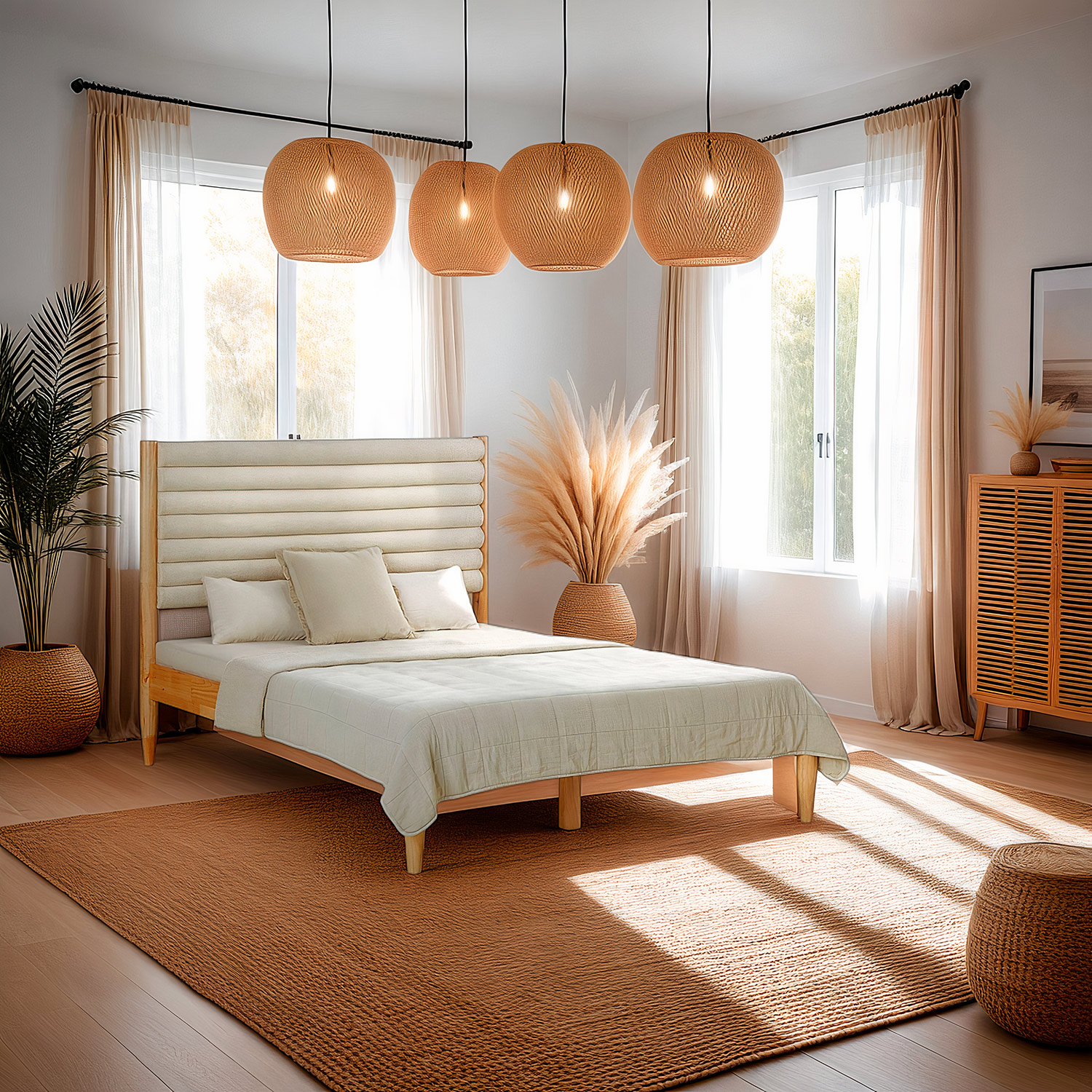 Wooden Bed 140x200 cm, Oak with Upholstered Headboard in Beige Bouclé, Includes Slatted Base & Mattress