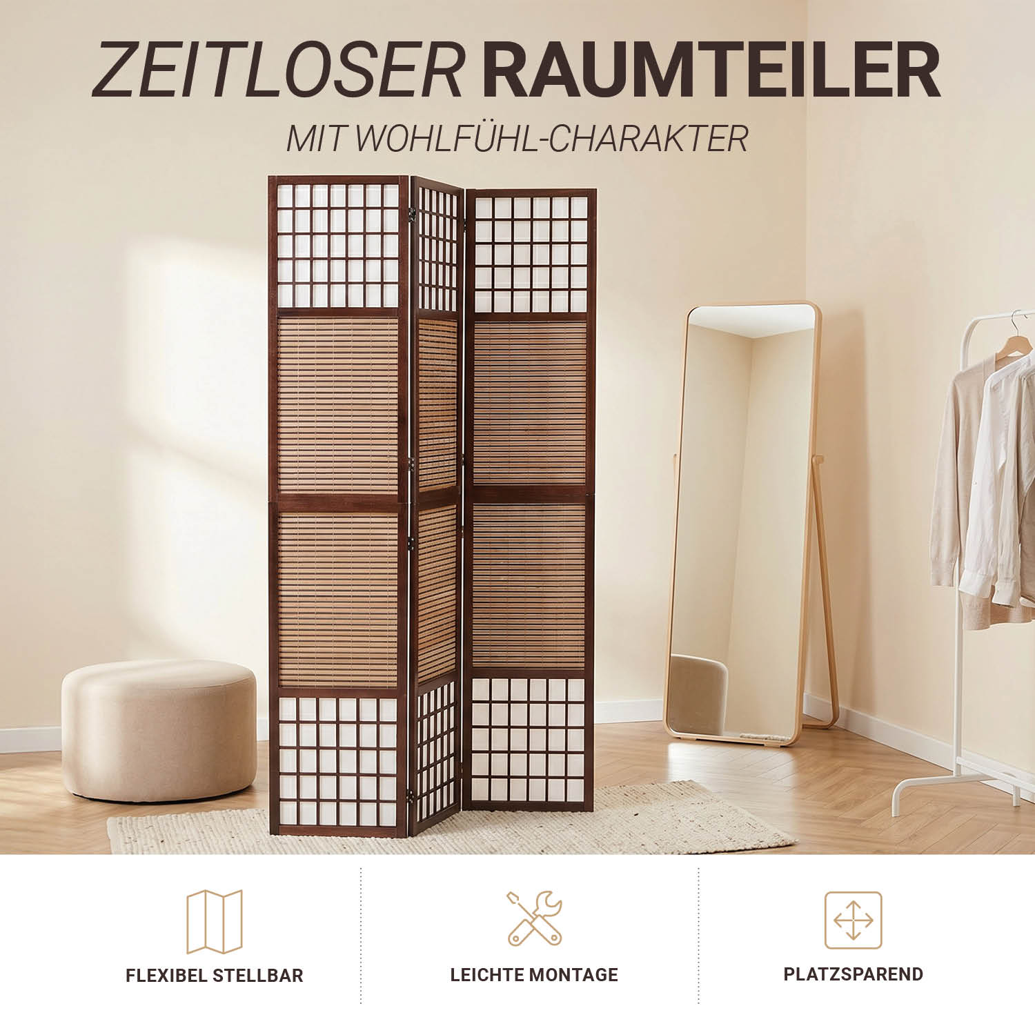 Brown 3-panel folding screen – bamboo & shoji rice paper, 200 cm