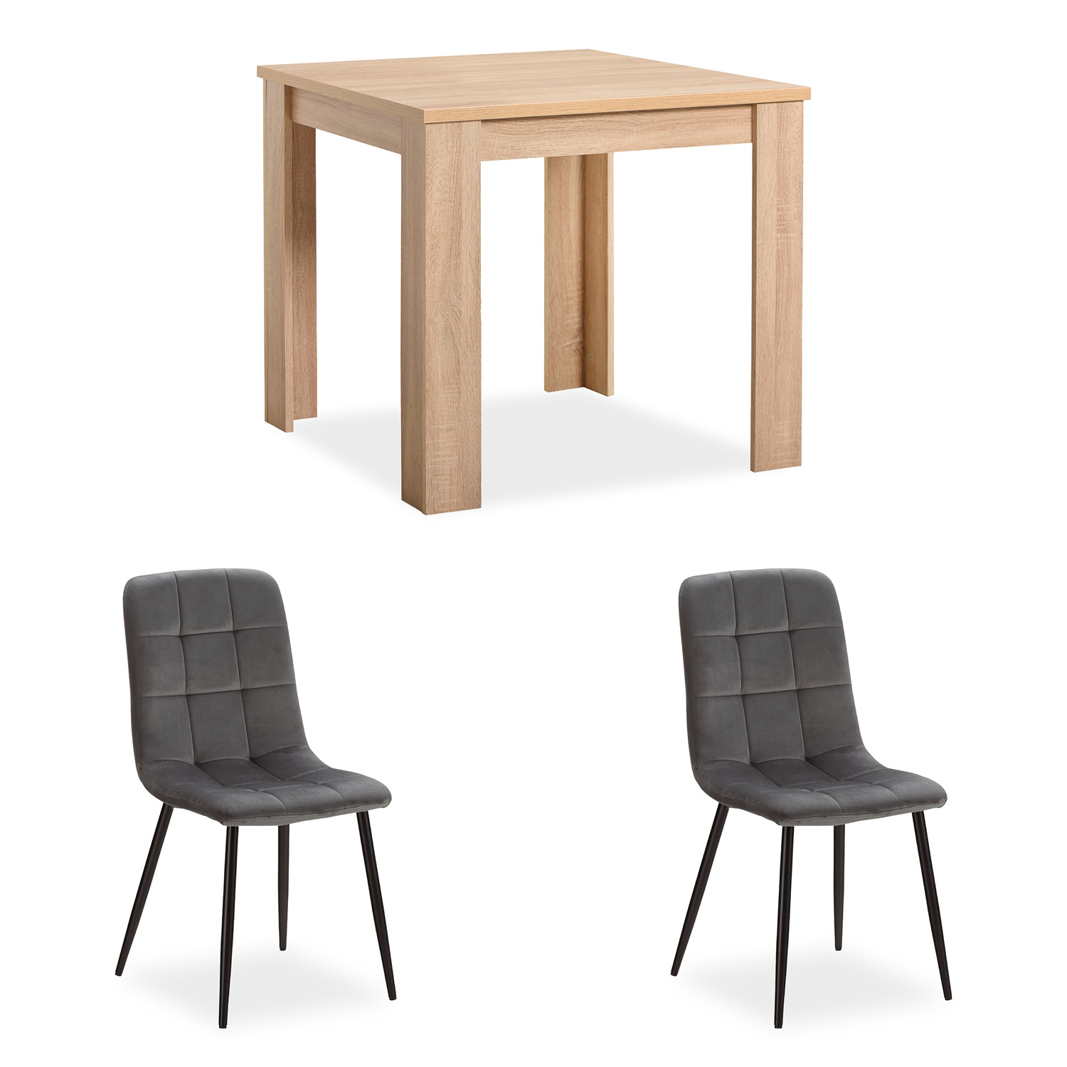 Dining set | 2-piece set upholstered chairs grey velvet without armrest | dining table oak 80 x 80 cm