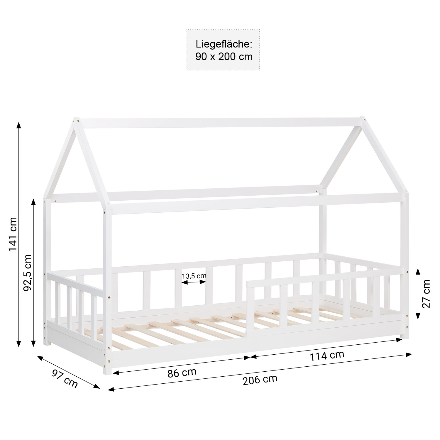Children's Bed 90x200 cm White | House Bed with Fall Protection | Montessori | Single Bed | with Slatted Frame | Wood