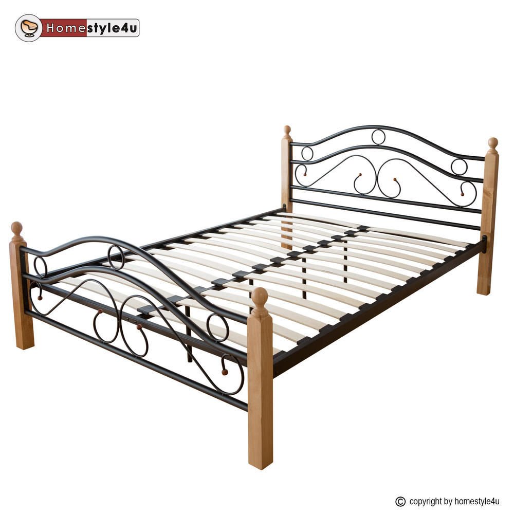 Metal Bed Iron Bed Double 160 x 200 Wood Slatted black natural bed frame 803