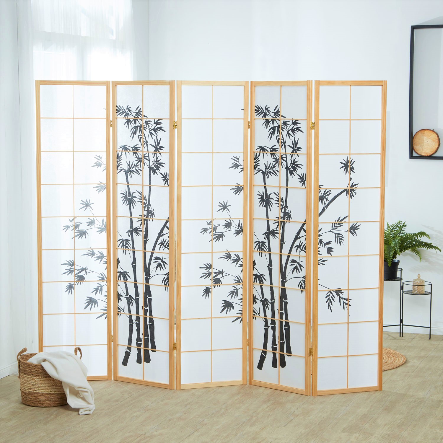 Paravent Natural Bamboo Pattern Print | 5-panel | Wood | Room Divider Partition Privacy Screen