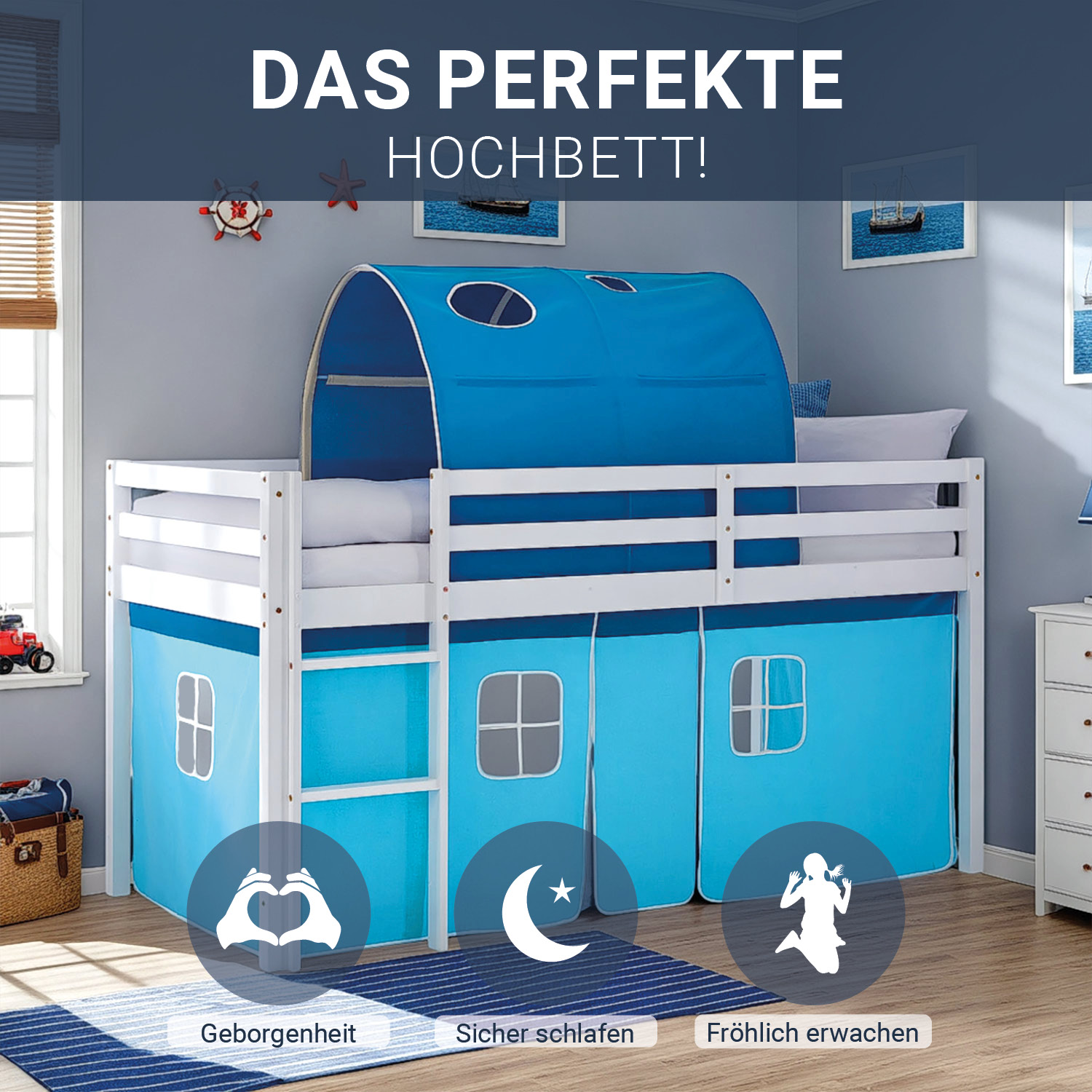 Hochbett Kinder 90x200 cm Kinderbett Kinderhochbett Stockbett Tunnel Vorhang Turm Blau Rutsche Holz Massiv Lattenrost Matratze