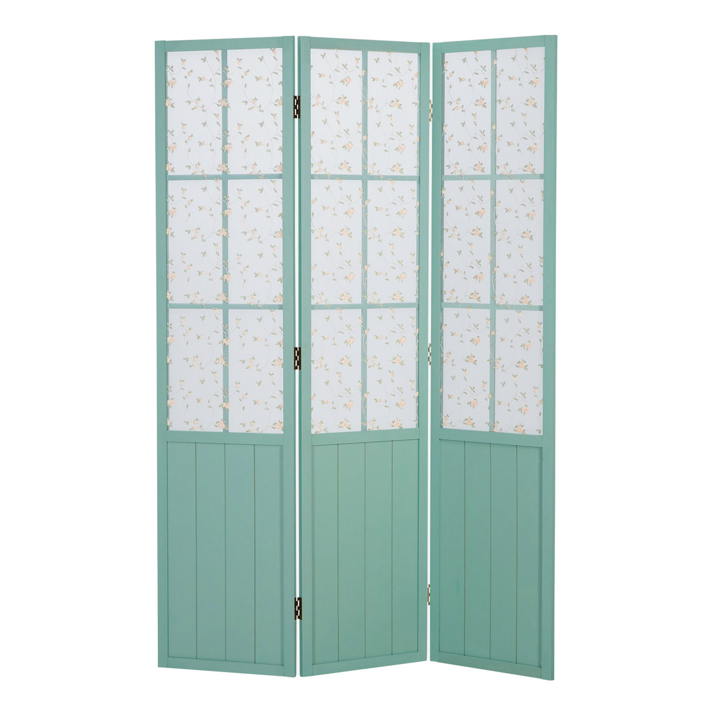 Paravent Turquoise Country House Style | Fabric Cover Floral Pattern | 3-panel | Wood | Room Divider Partition Privacy Screen