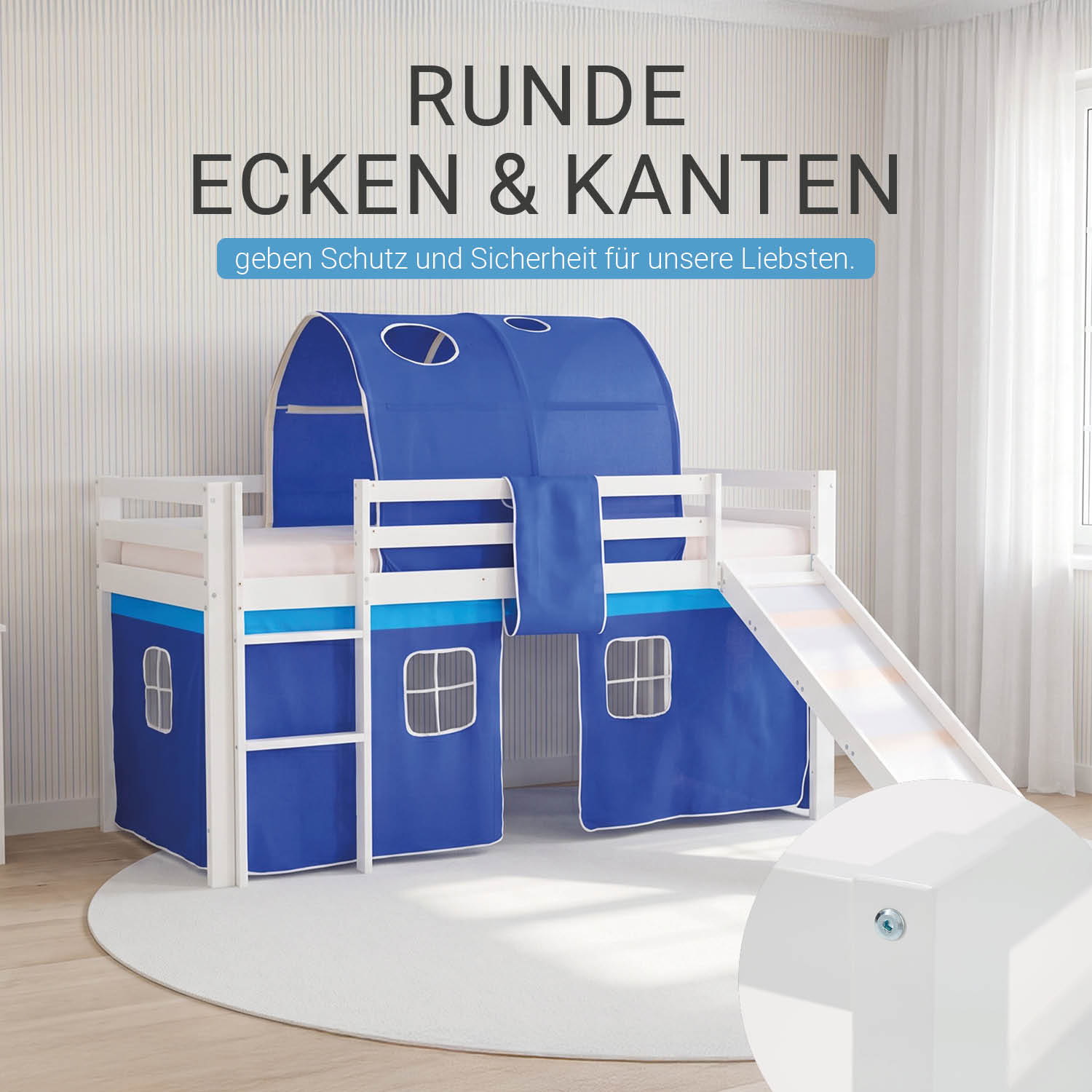 Children's Loft Bed 90x200 cm White with Blue Curtain | Slide | Tunnel | Includes Slatted Base | Includes Mattress
