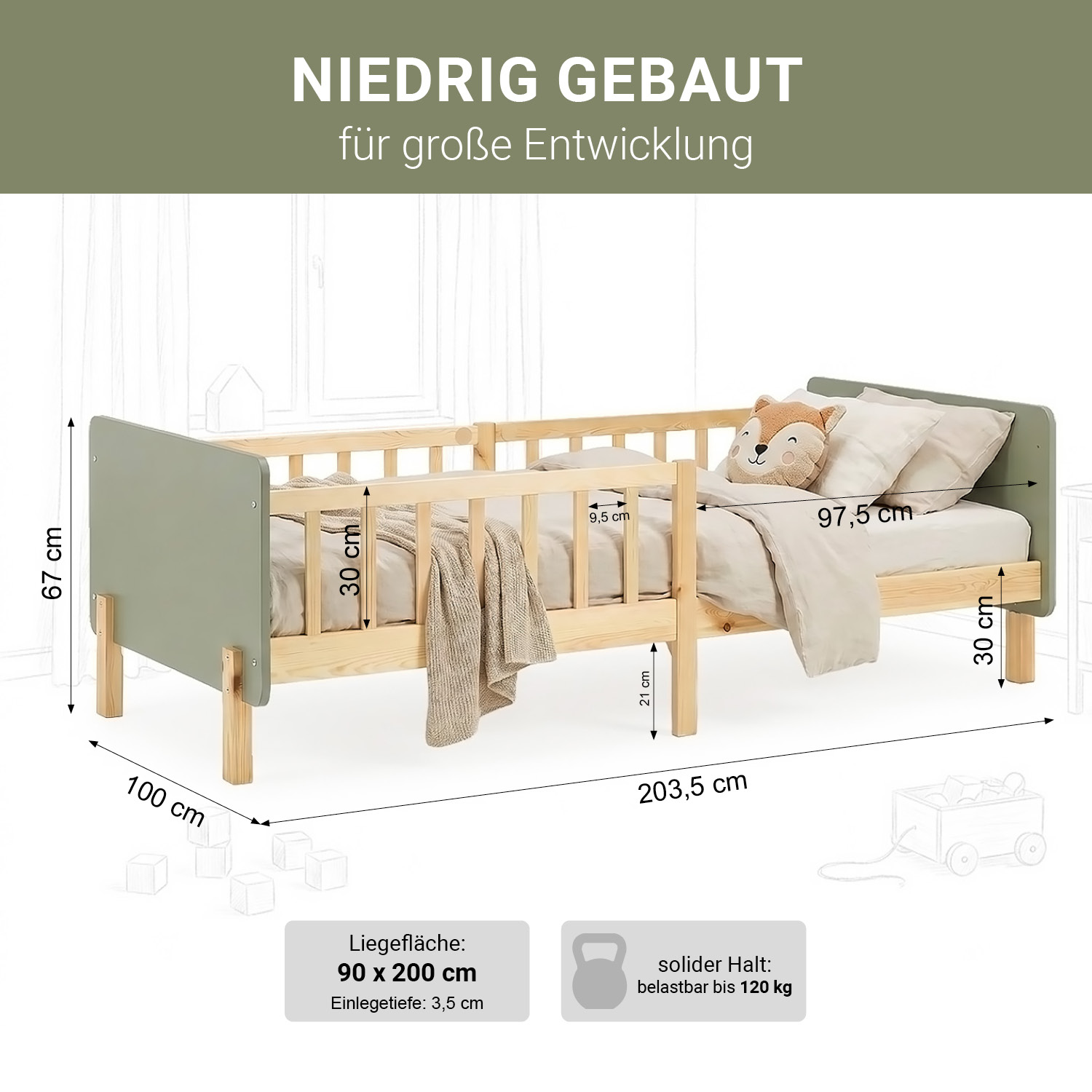 Single bed 90x200 cm Green with Mattress Wooden Bed frame Toddler bed with safety rail Kids bed Childrens bed Slatted frame