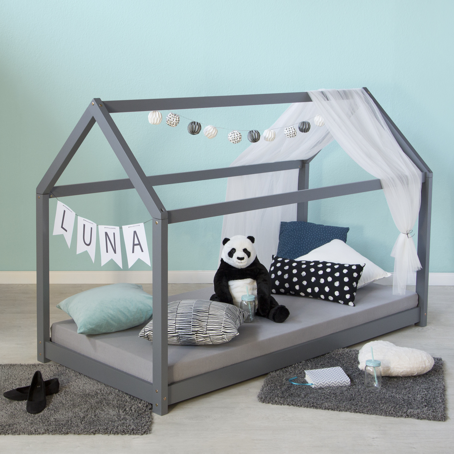 Children's Bed 80x160 cm Grey House Bed with Mattress Wooden Bed Montessori Bed Treehouse Bed