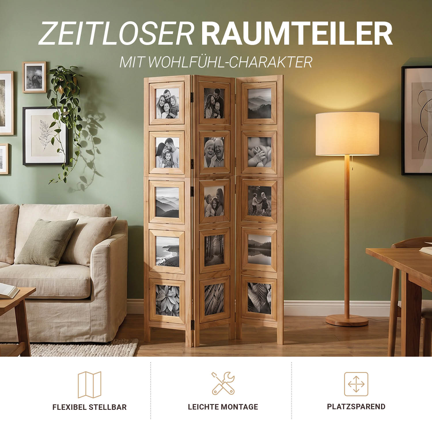3-Panel "Nature" Folding Screen with Photos – Wooden Room Divider as a Photo Display