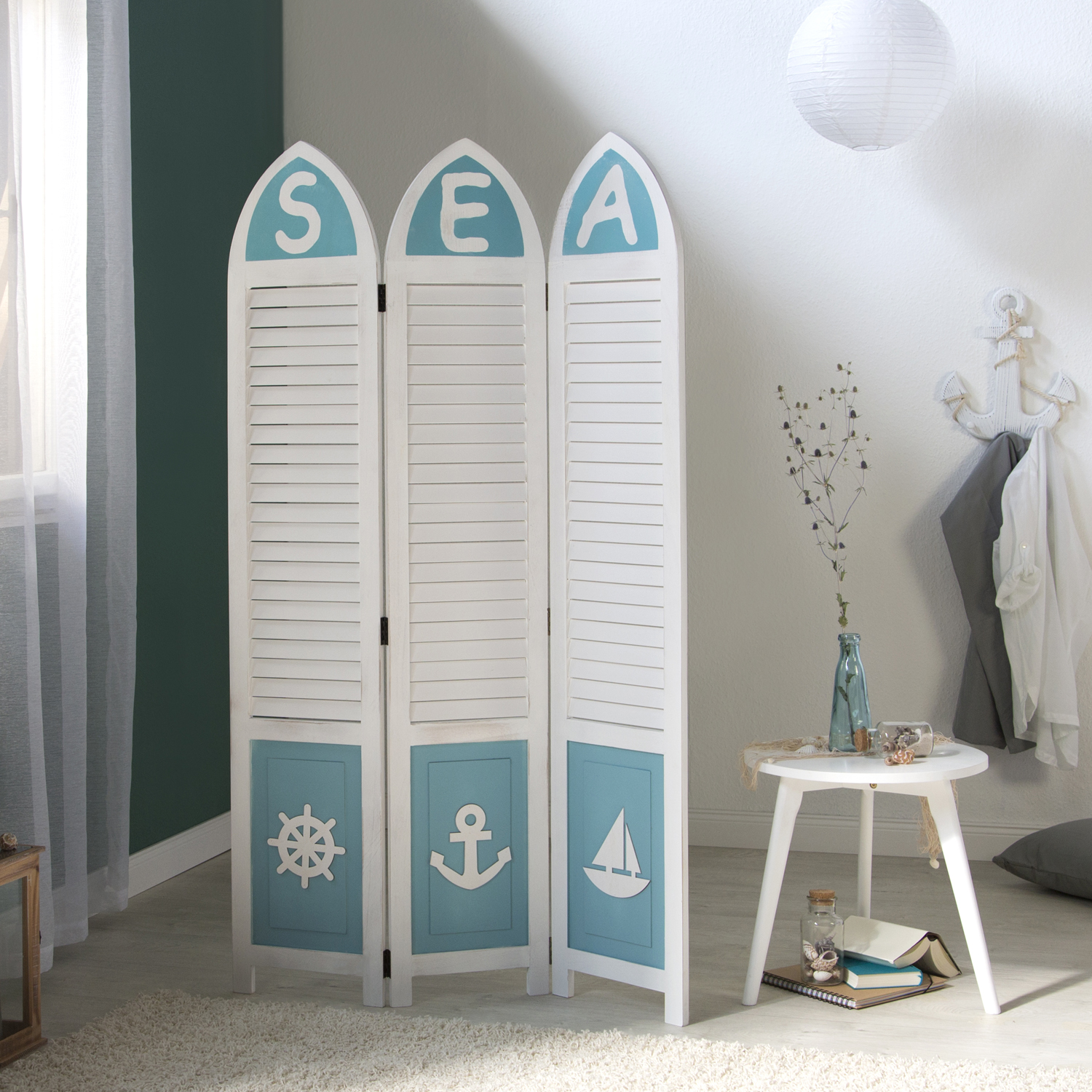Paravent White Maritime Motifs | 3-panel | Wood | Room Divider Partition Privacy Screen